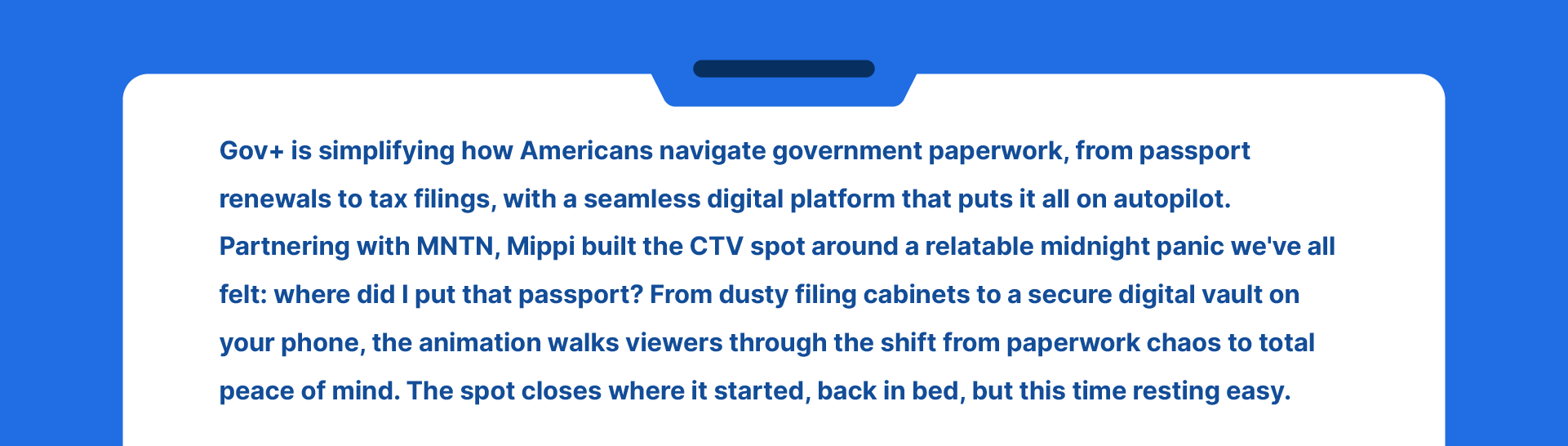Digital screenshot of a webpage with a blue background and white text discussing government digital platforms, passport, and tax filings, mentioning a partnership with MTTN and Mippi.
