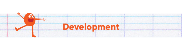 Illustration of a cheerful character with an orange body and white eyes, standing next to the word 'Development' in bold orange letters on lined notebook paper.