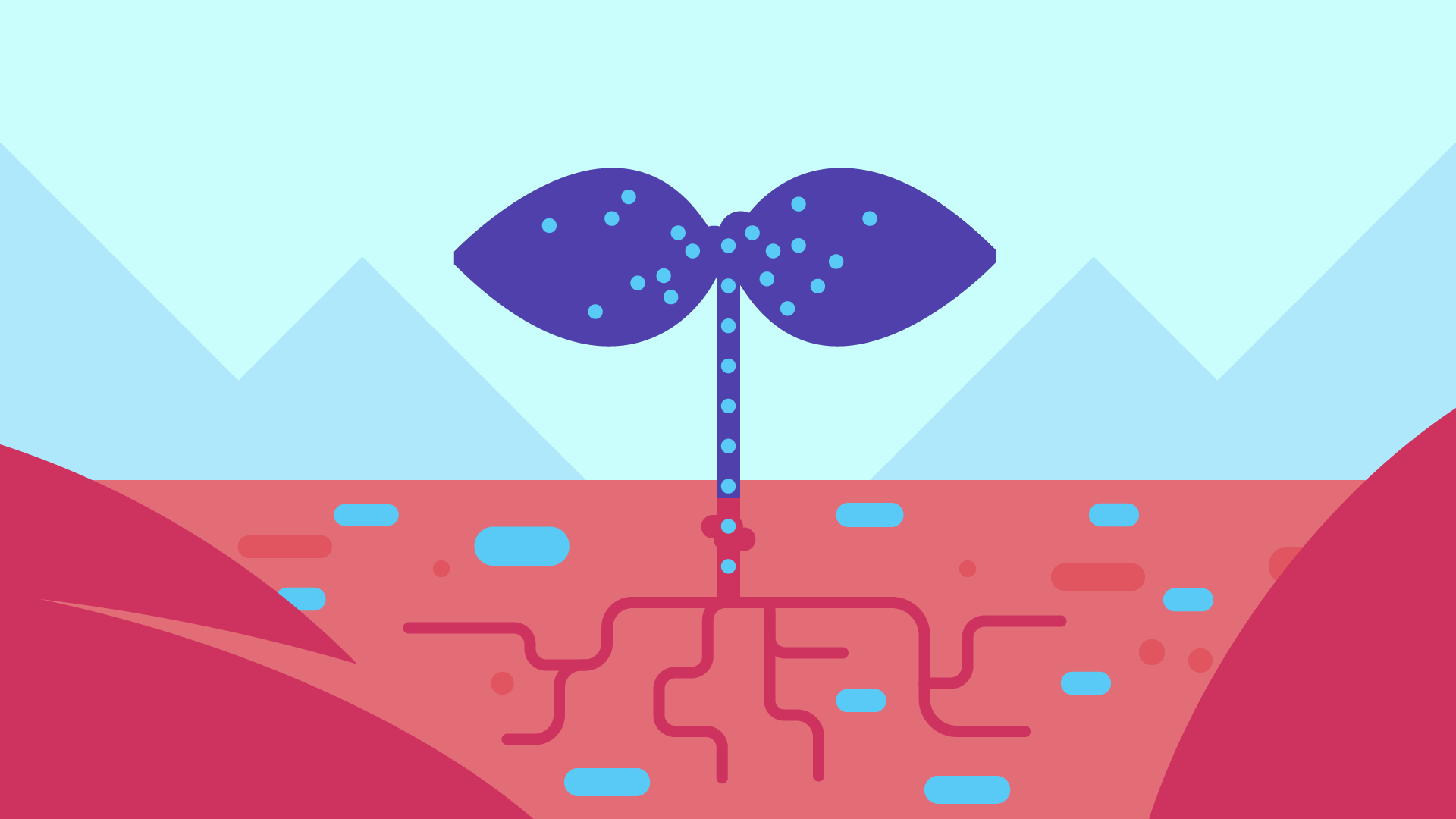 A digital illustration of a plant with purple leaves and blue spots, growing underground with root systems visible below the soil surface.