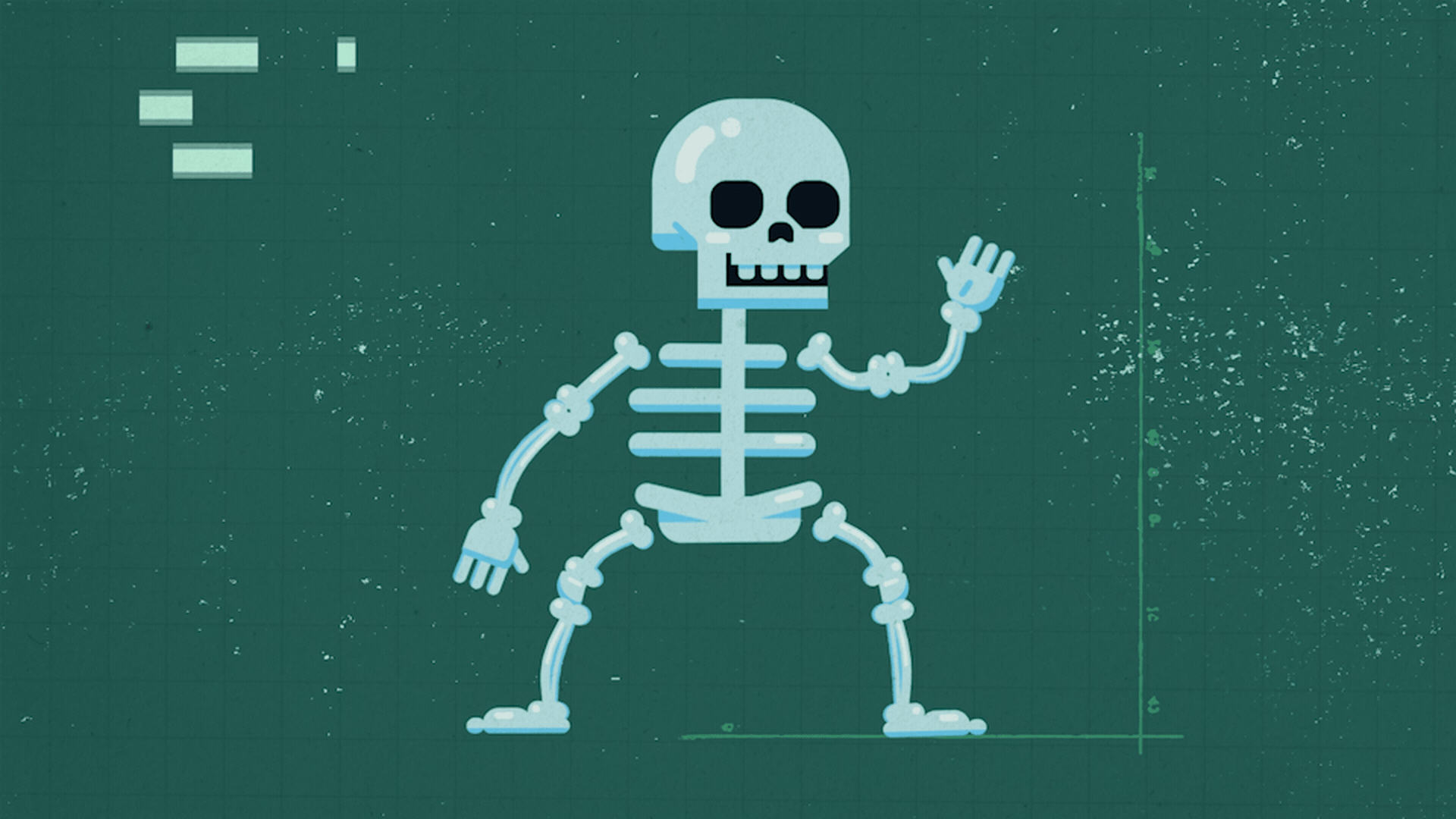 Pixel art skeleton character waving with a green digital background.