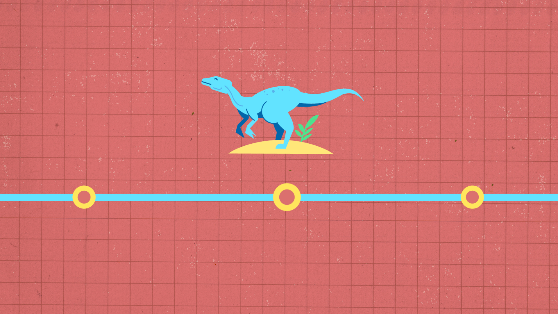 Illustration of a blue dinosaur standing on a small yellow island with green plant, on a pink grid background with a blue line at the bottom.
