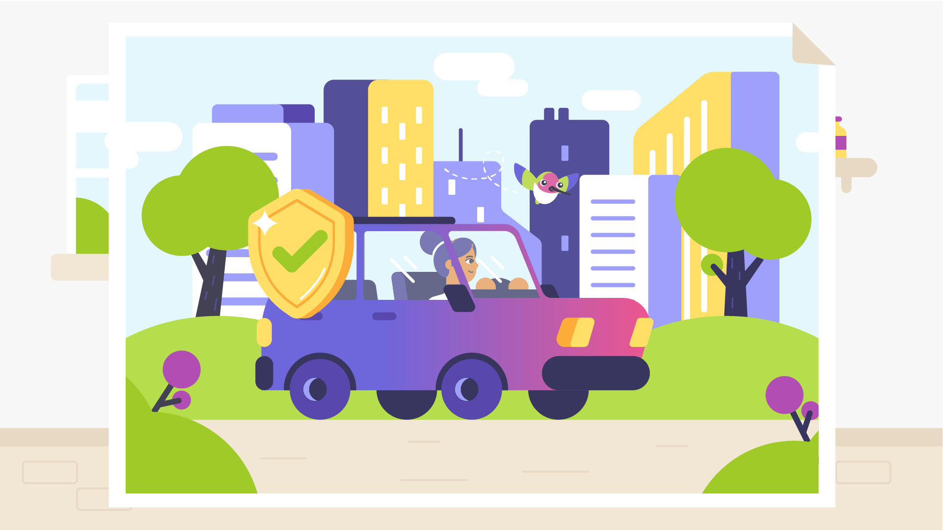 Illustration of a woman driving a car in a city park, with trees, grass, and purple flowers, a shield with a green checkmark, a flying bird, and tall buildings in the background.