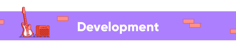 Purple banner with the word 'Development' and illustrations of an electric guitar and amplifier.