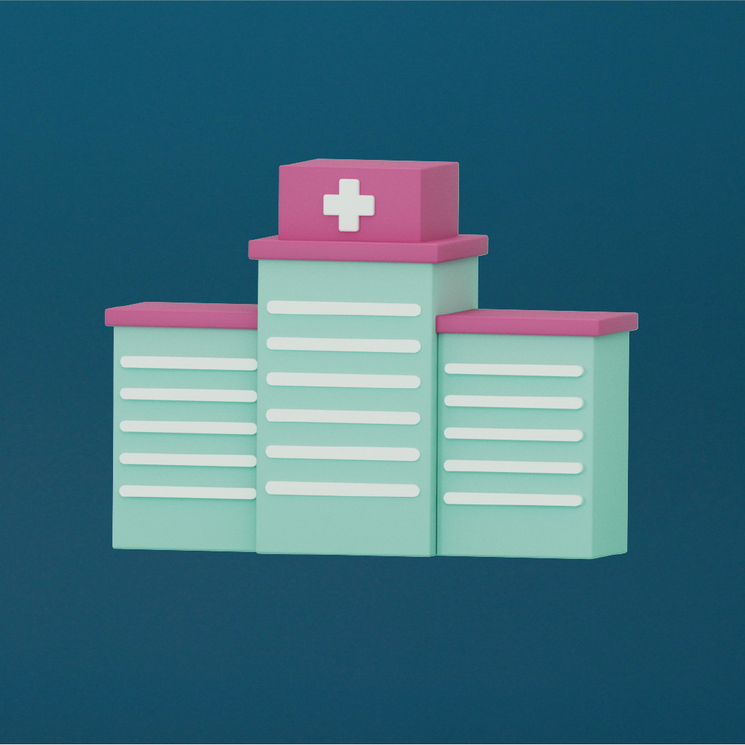 Digital illustration of a stylized hospital building with three towers, pink roofs, and a pink medical cross on top, set against a dark teal background.