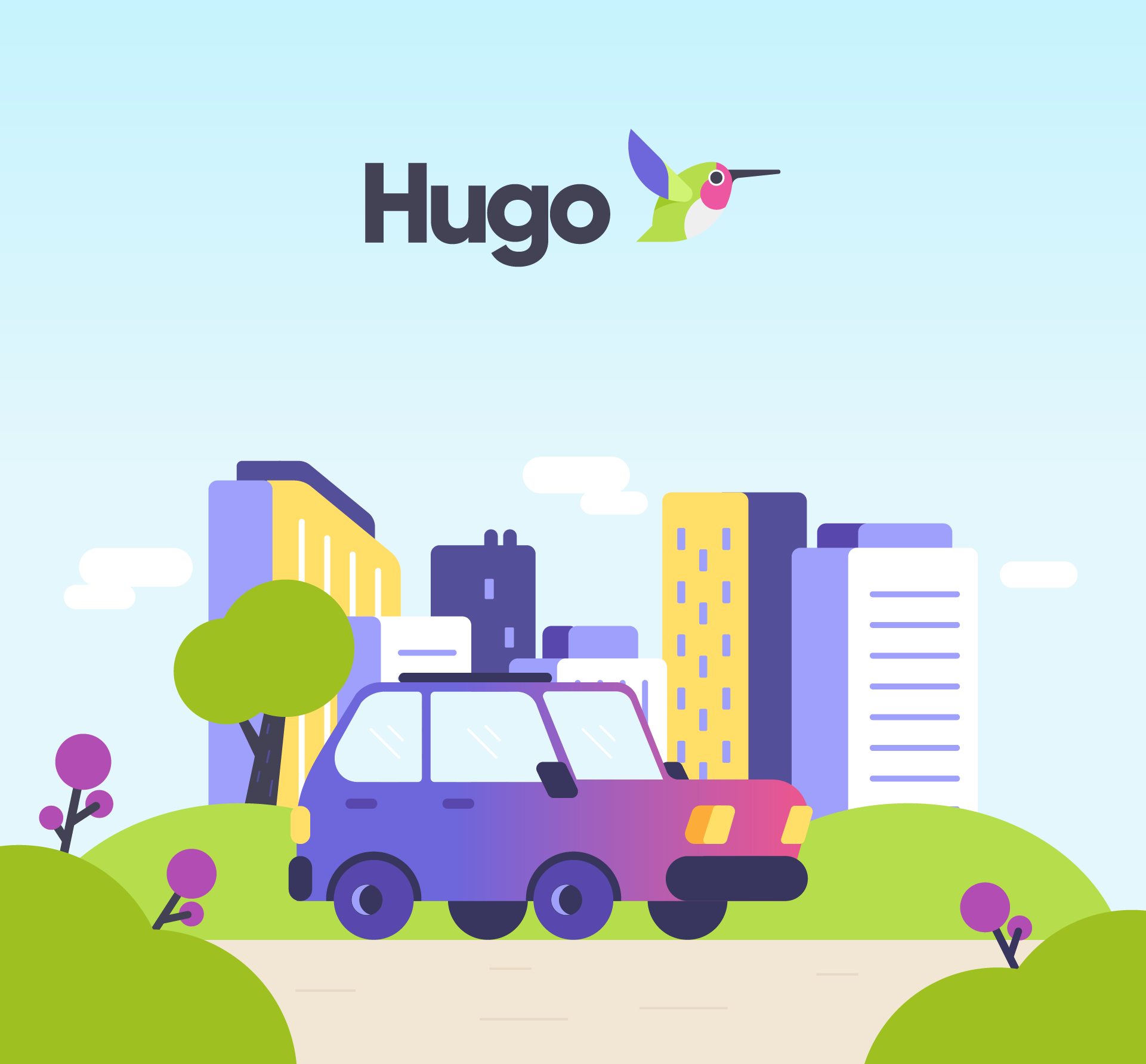 Digital illustration of a city scene with a purple police car on a road, green hills, purple trees, and a skyline of tall yellow and blue buildings, with a blue sky and a few clouds.