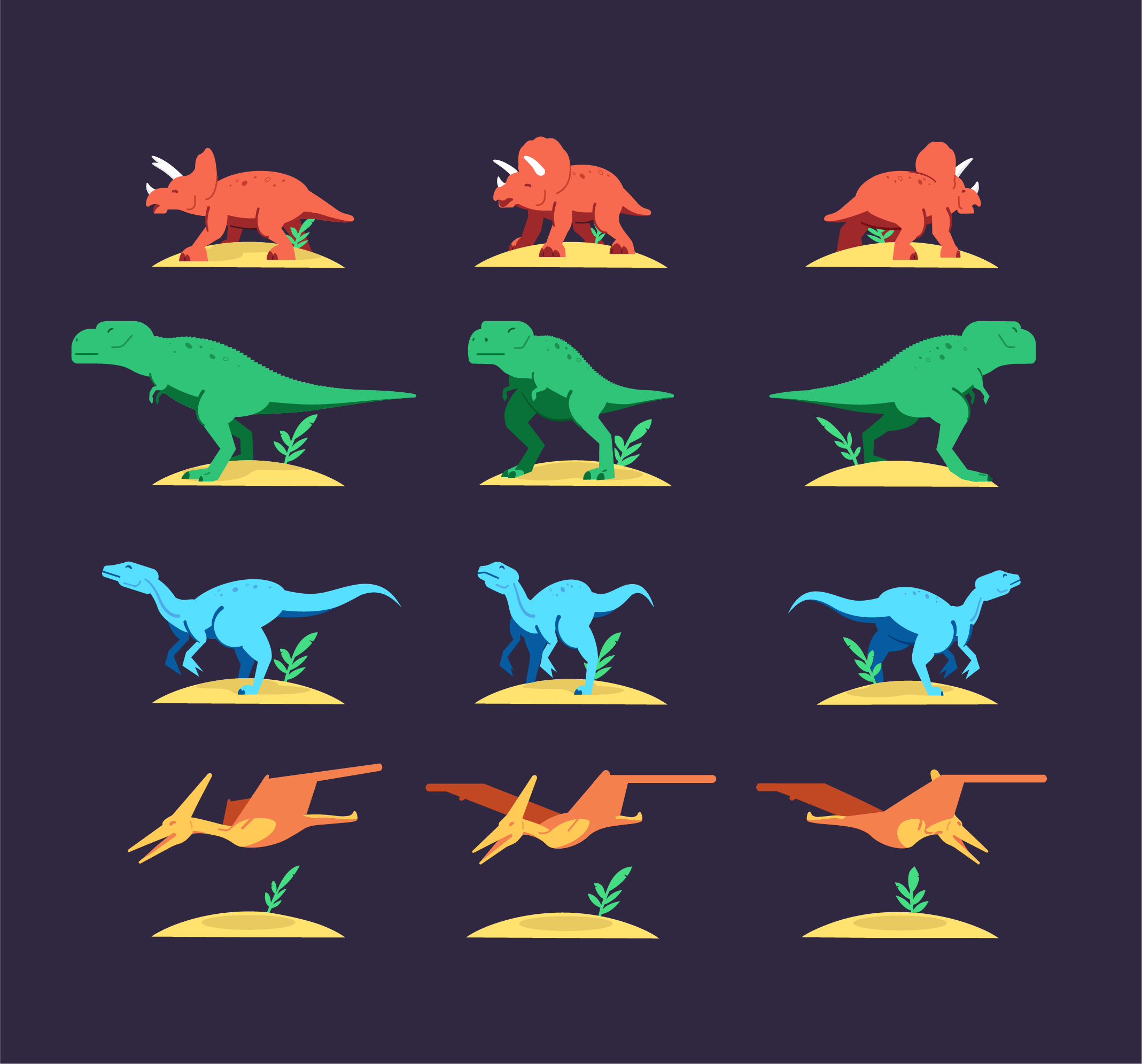 Turn around sequence of cartoon dinosaurs in various colors walking and standing on sandy patches with small plants, set against a dark background.