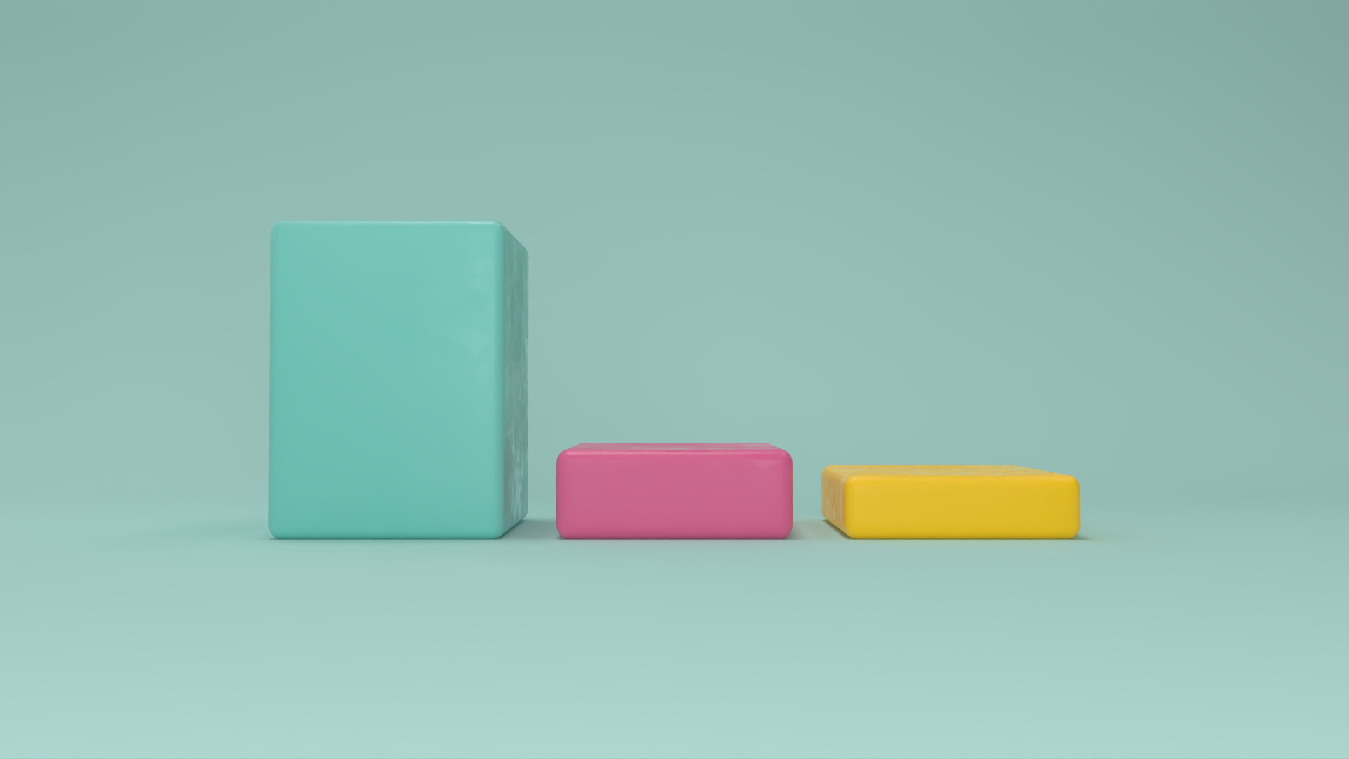 Three rectangular blocks of different colors and sizes are arranged in a row against a light blue background. The left block is tall and light blue, the middle block is shorter and pink, and the right block is yellow and low.