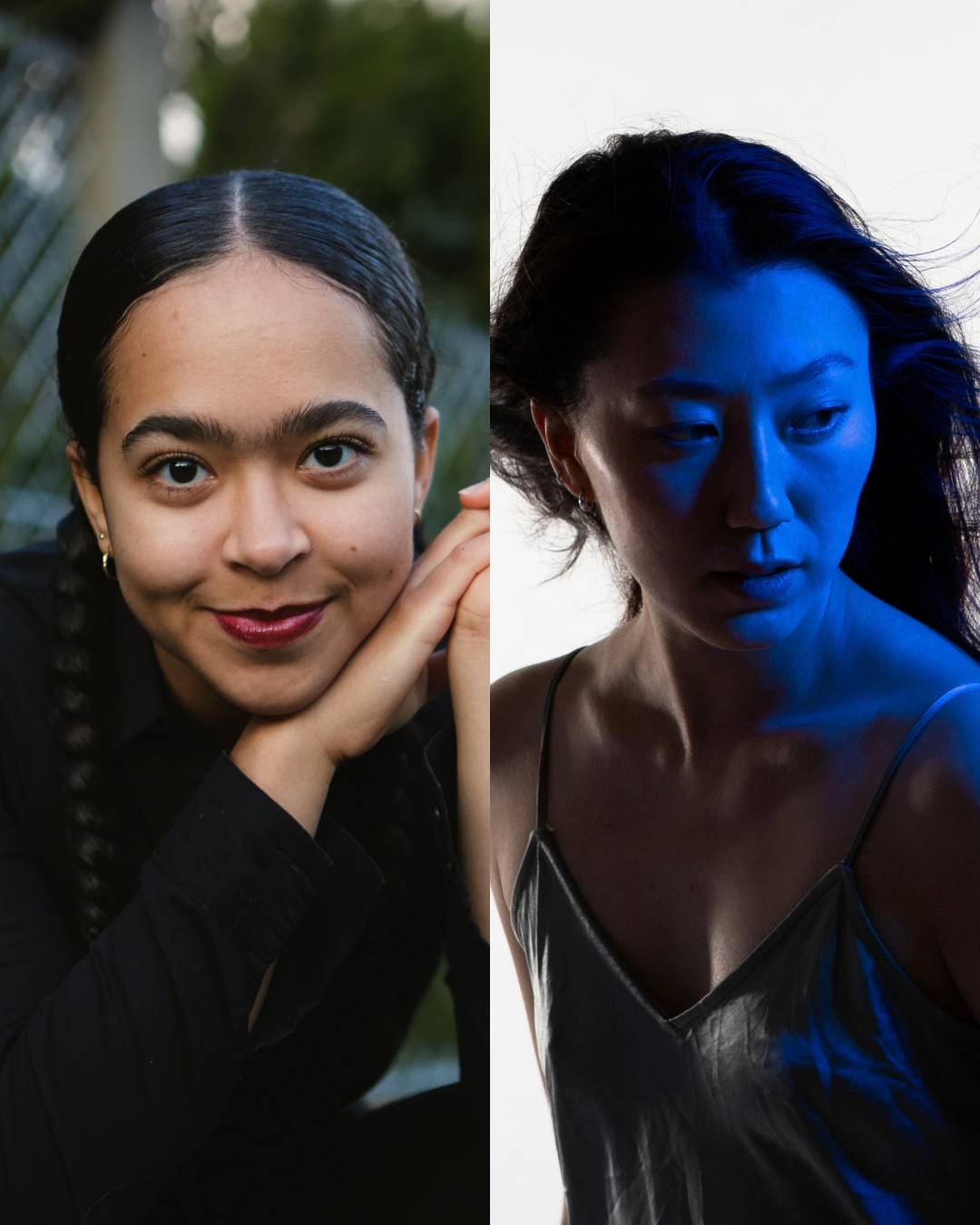 Elinor Kleber Diggs smiles and looks at the camera. Kimie Parker in blue light looking downwards as her hair blows.