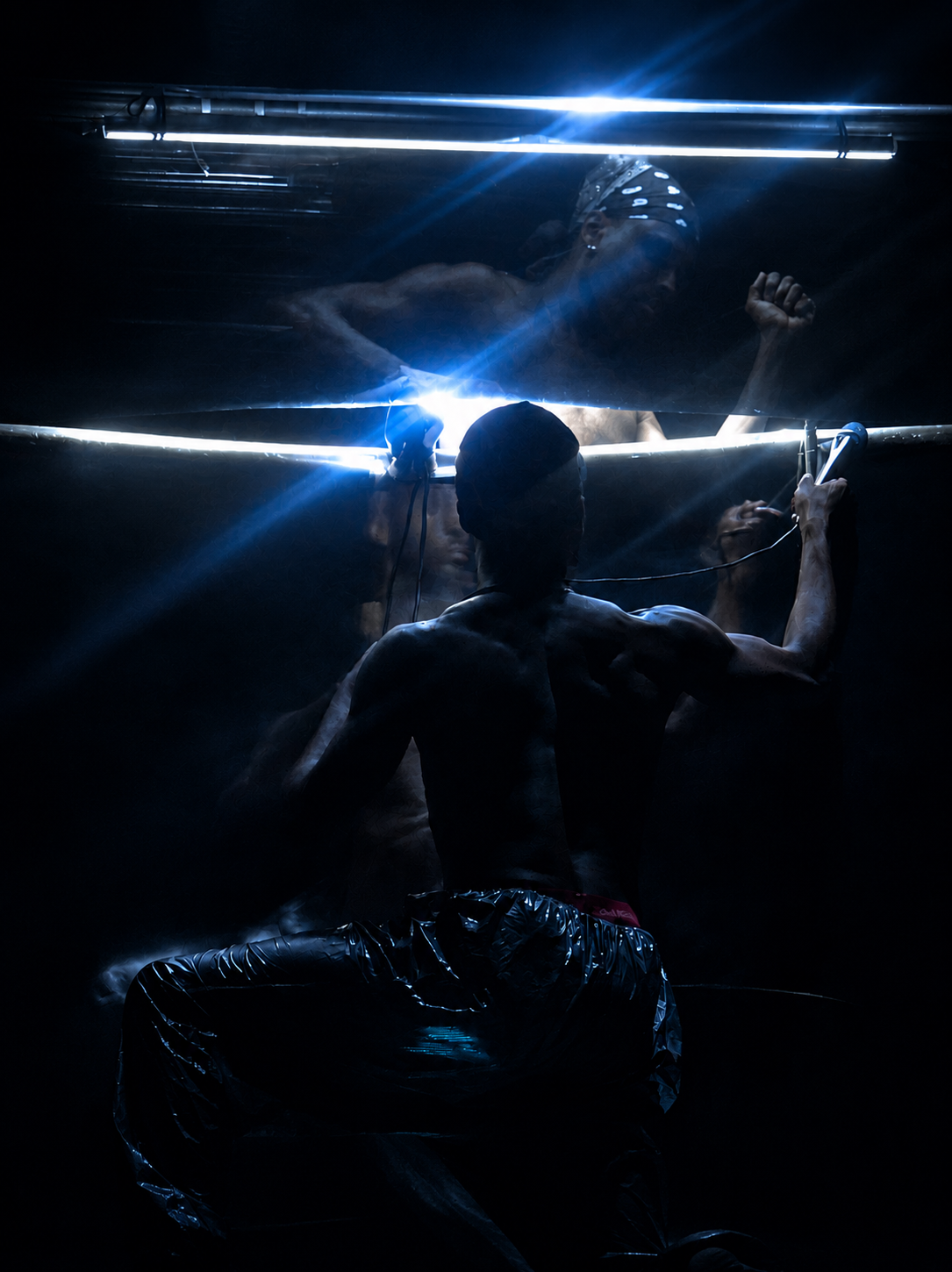 2. Two folks are divided by a semi-translucent barrier with a split in the middle, allowing light to peek through the opening while they work together carrying microphones and wires.