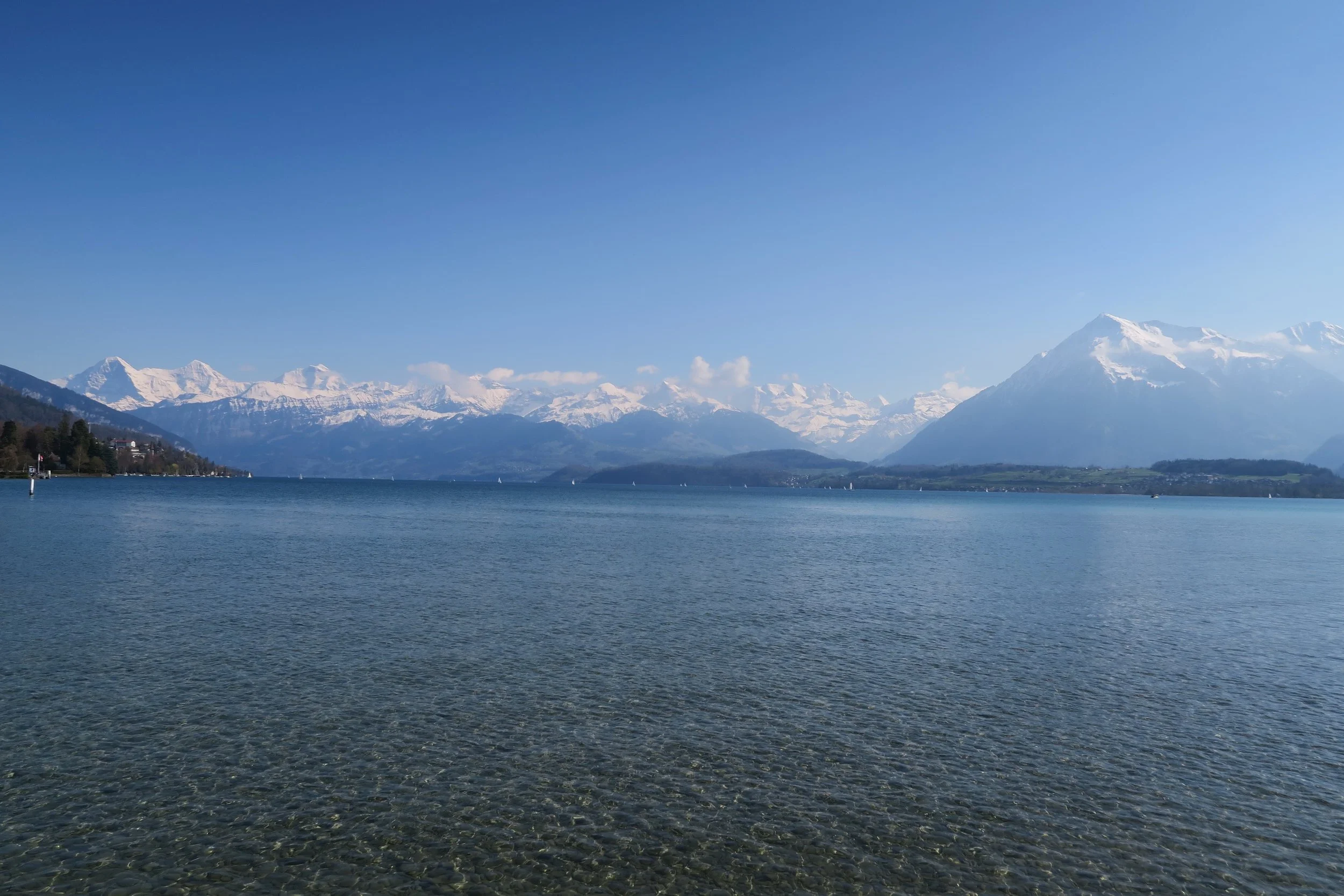 View of Swiss Alps in Thun from Schadaupark