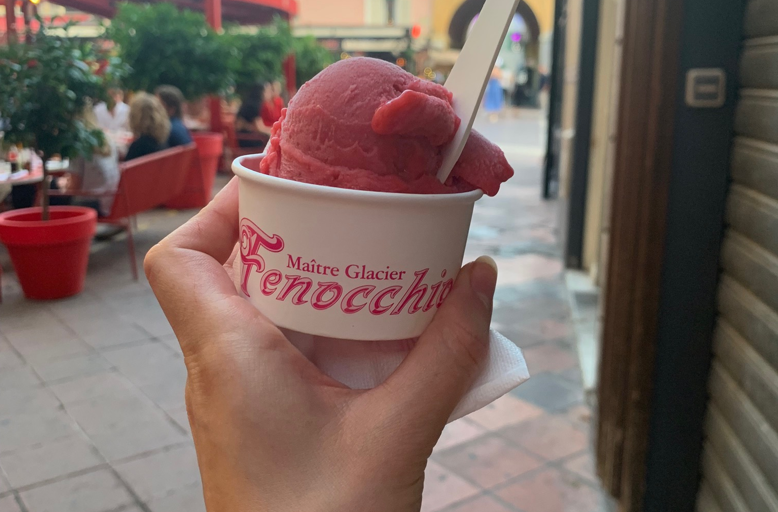 strawberry gelato in white cup