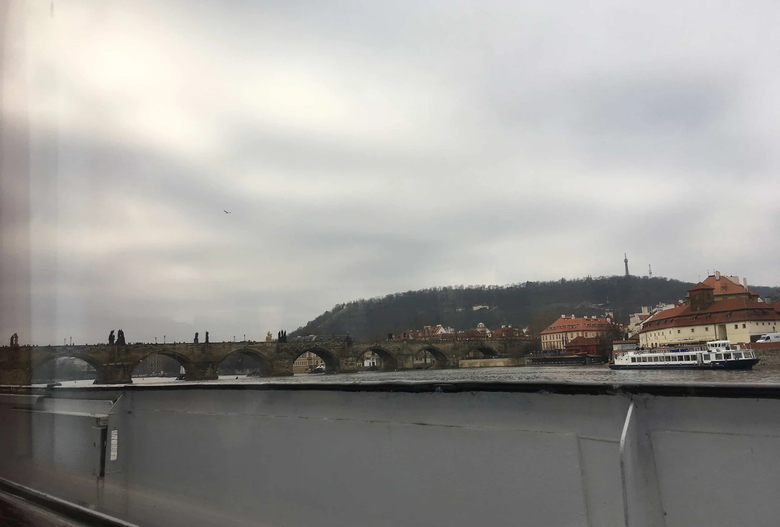 view of prague from a boat cloudy