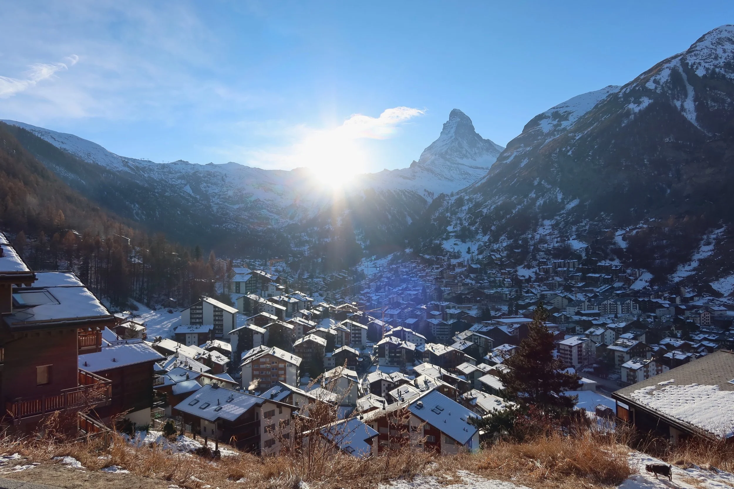 Sunny view of Zermatt from Mürini 28 Viewpoint in winter