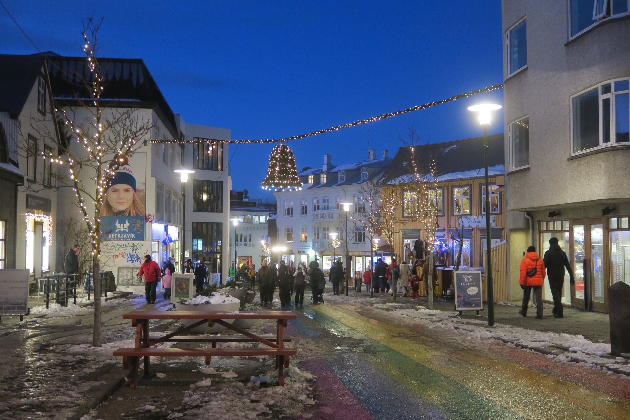 Rainbow Street in Reykjavik at night in the winter