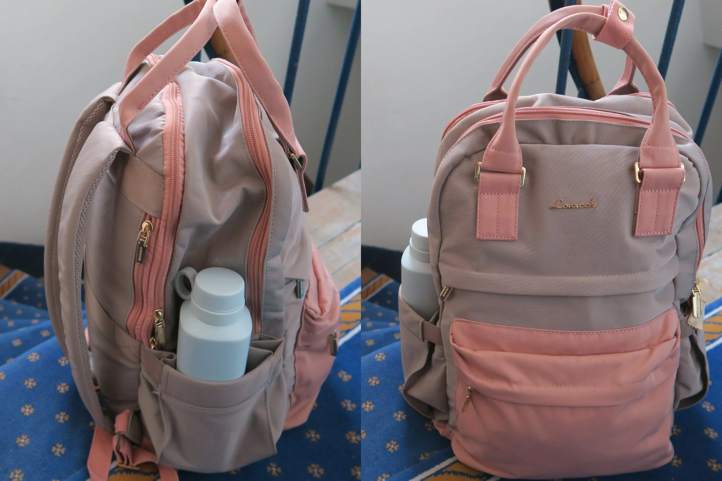 pink and grey travel backpack