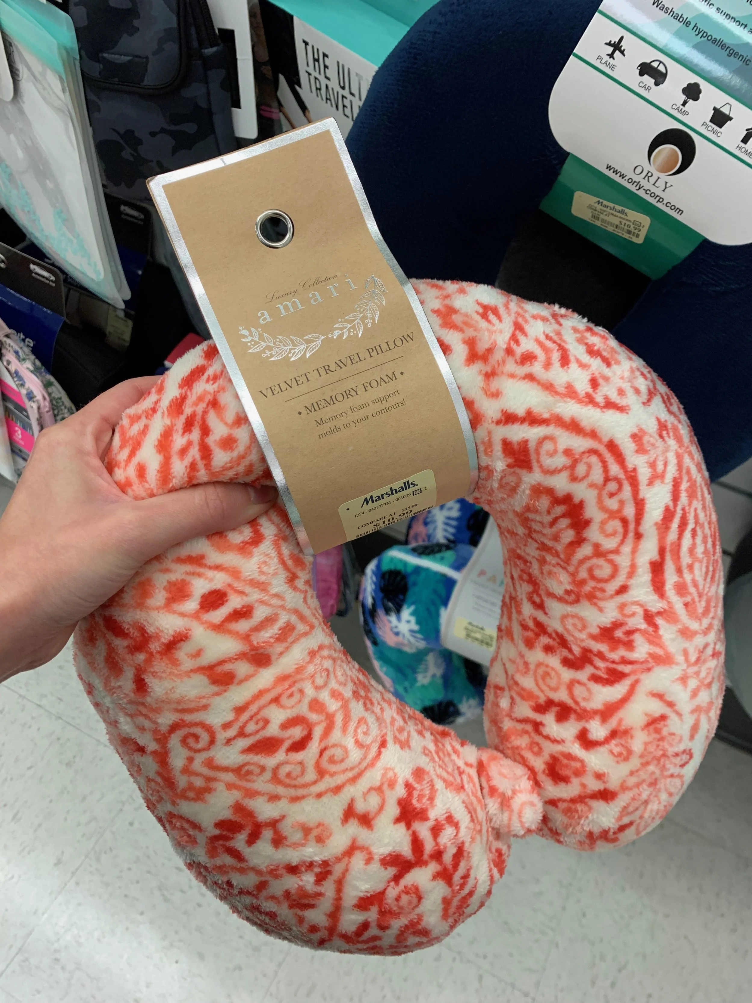 orange patterned Travel pillow from TJ Maxx