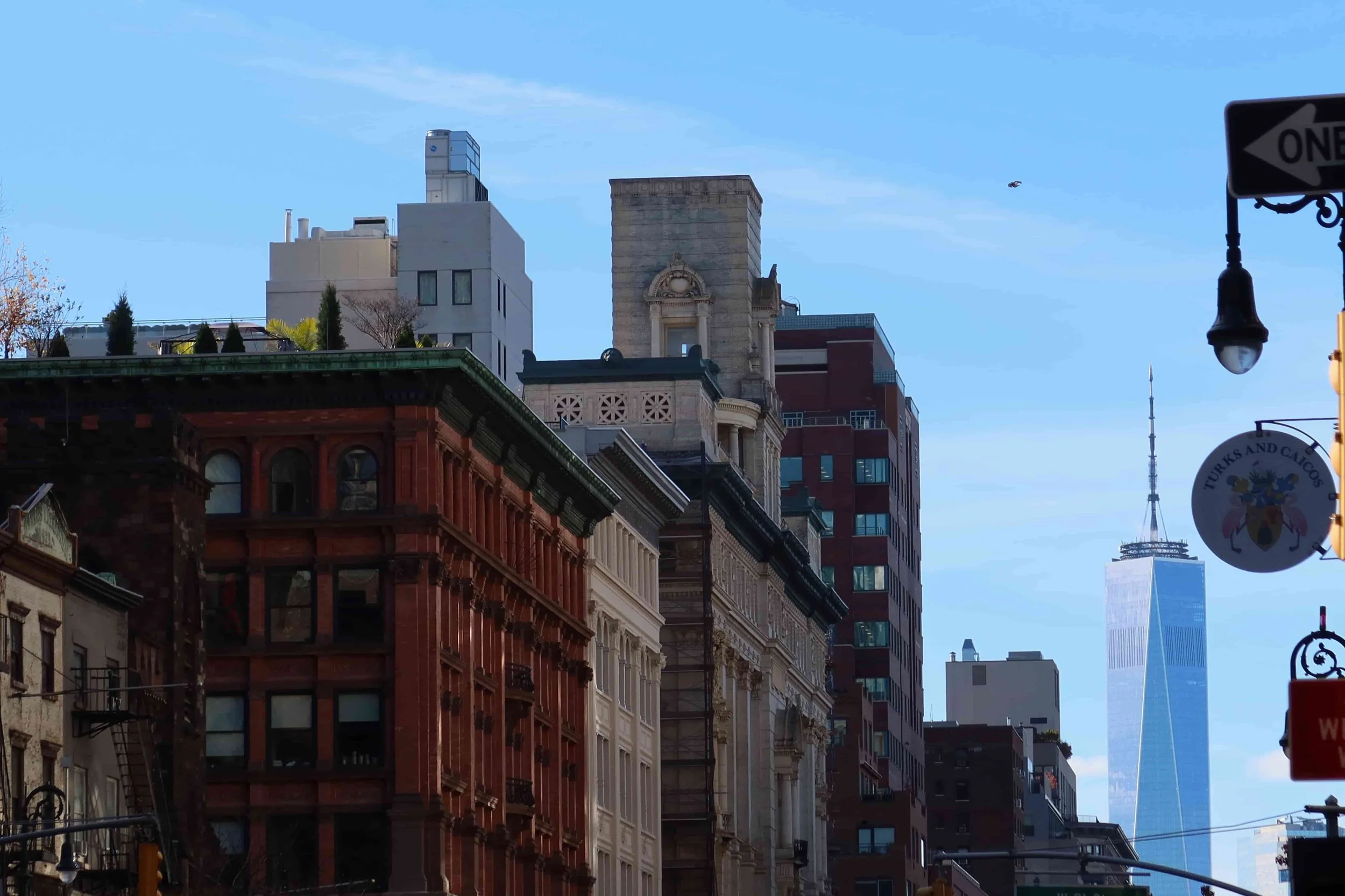 colorful buildings and bright blue tower in nyc