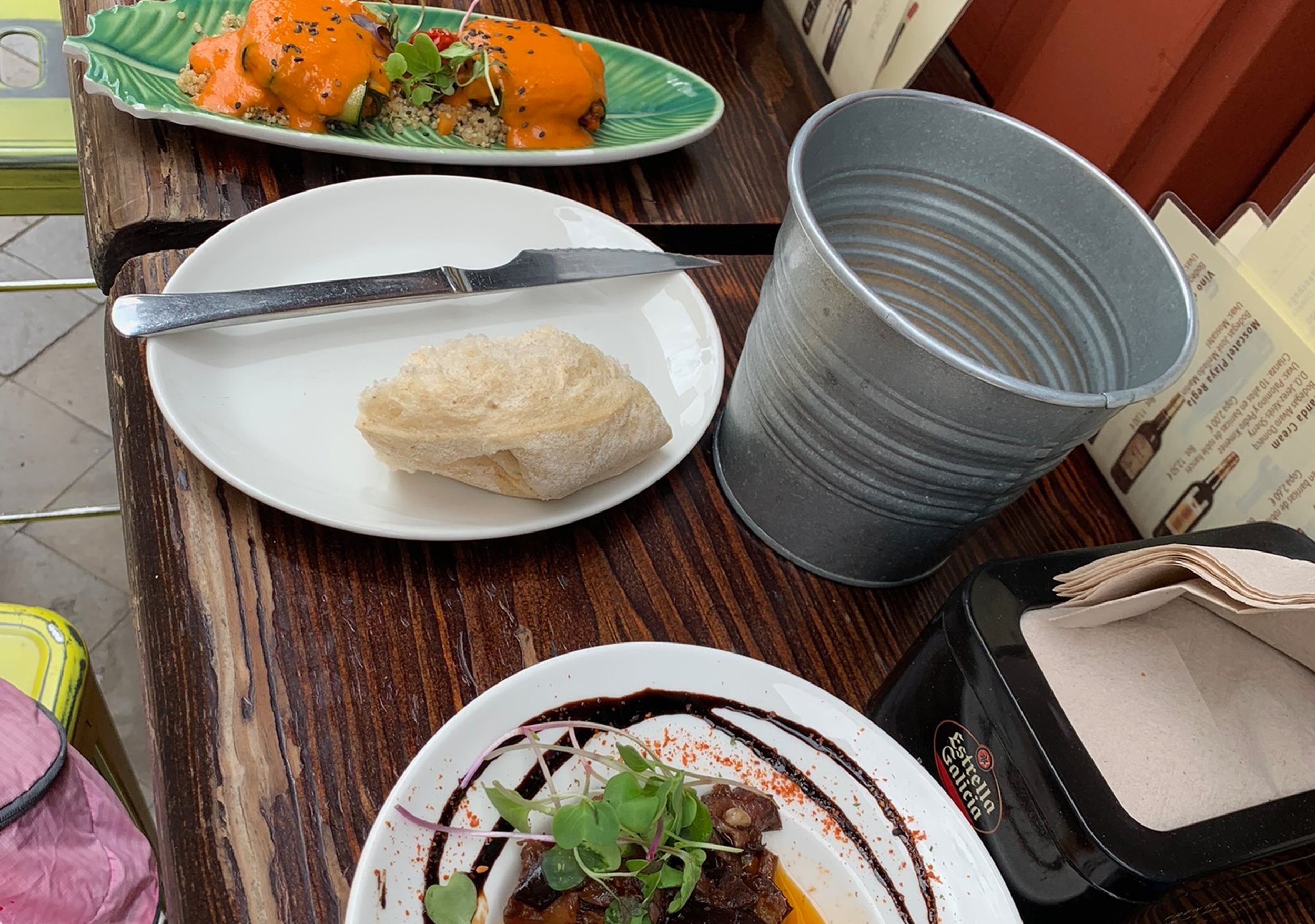 tapas la bartola seville eggplant, bread, sushi