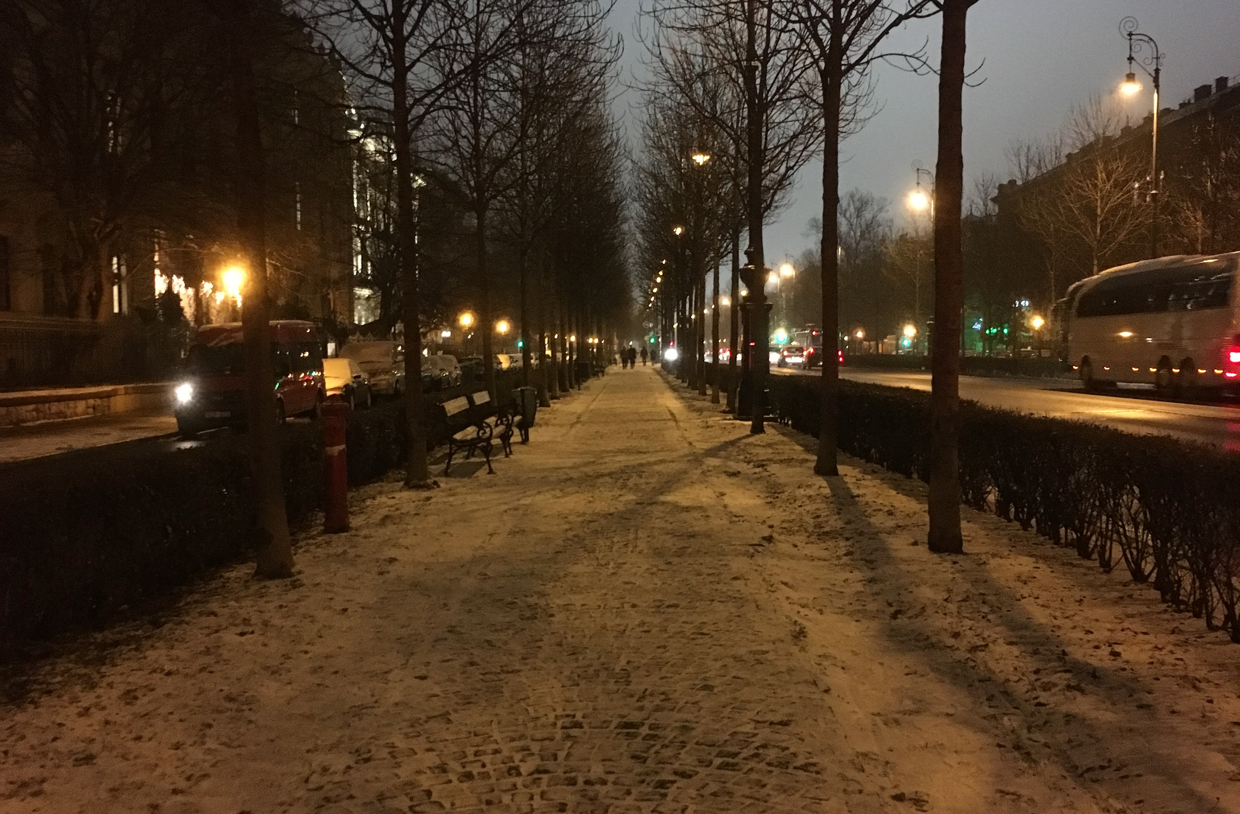 snowy street  at night