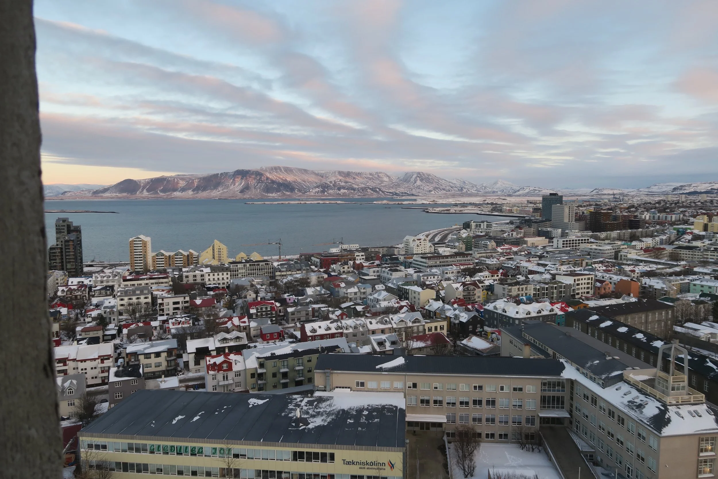 View of Reykjavik from Hallgrímskirkja Church in Iceland with snow