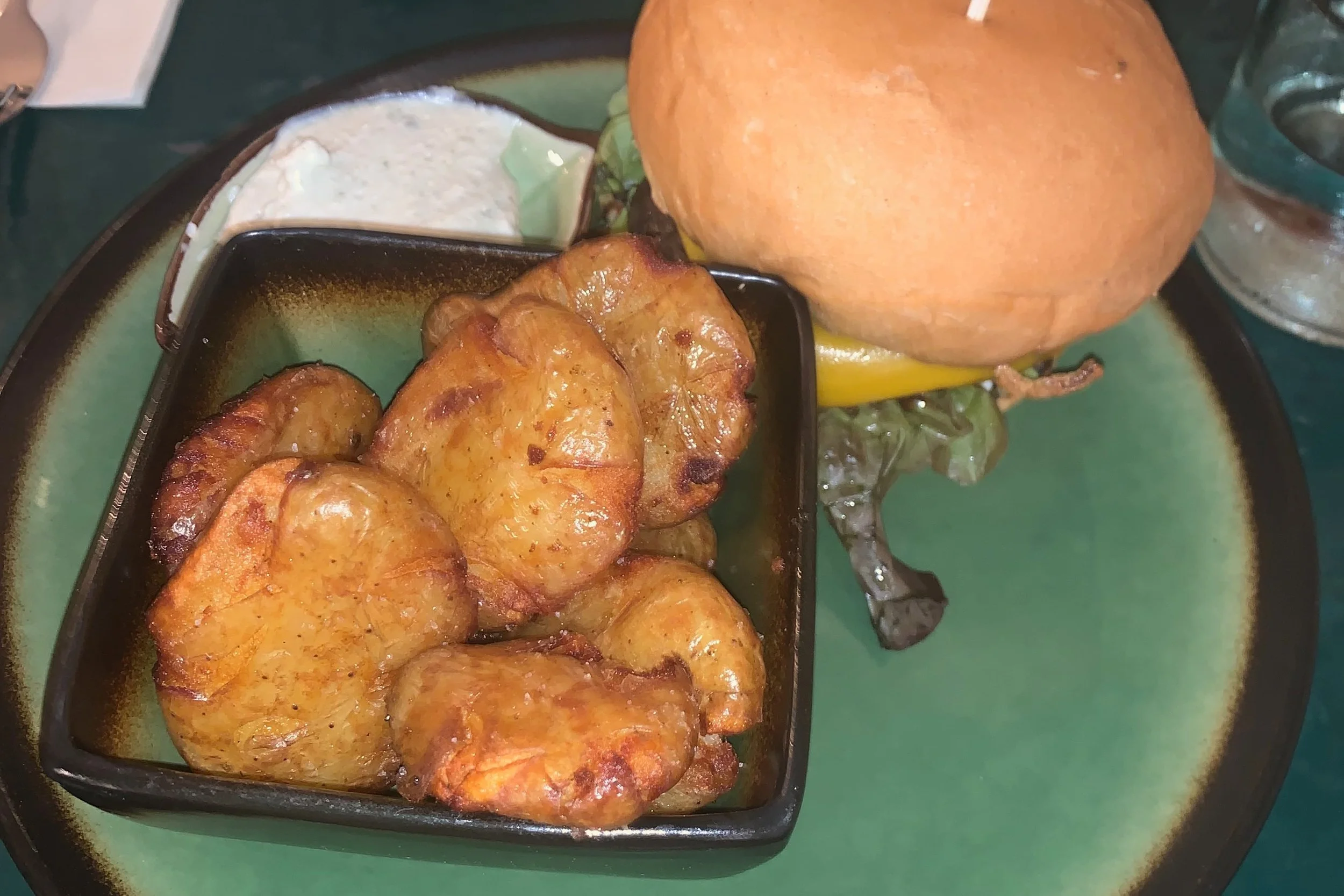 smashed potatoes and burger
