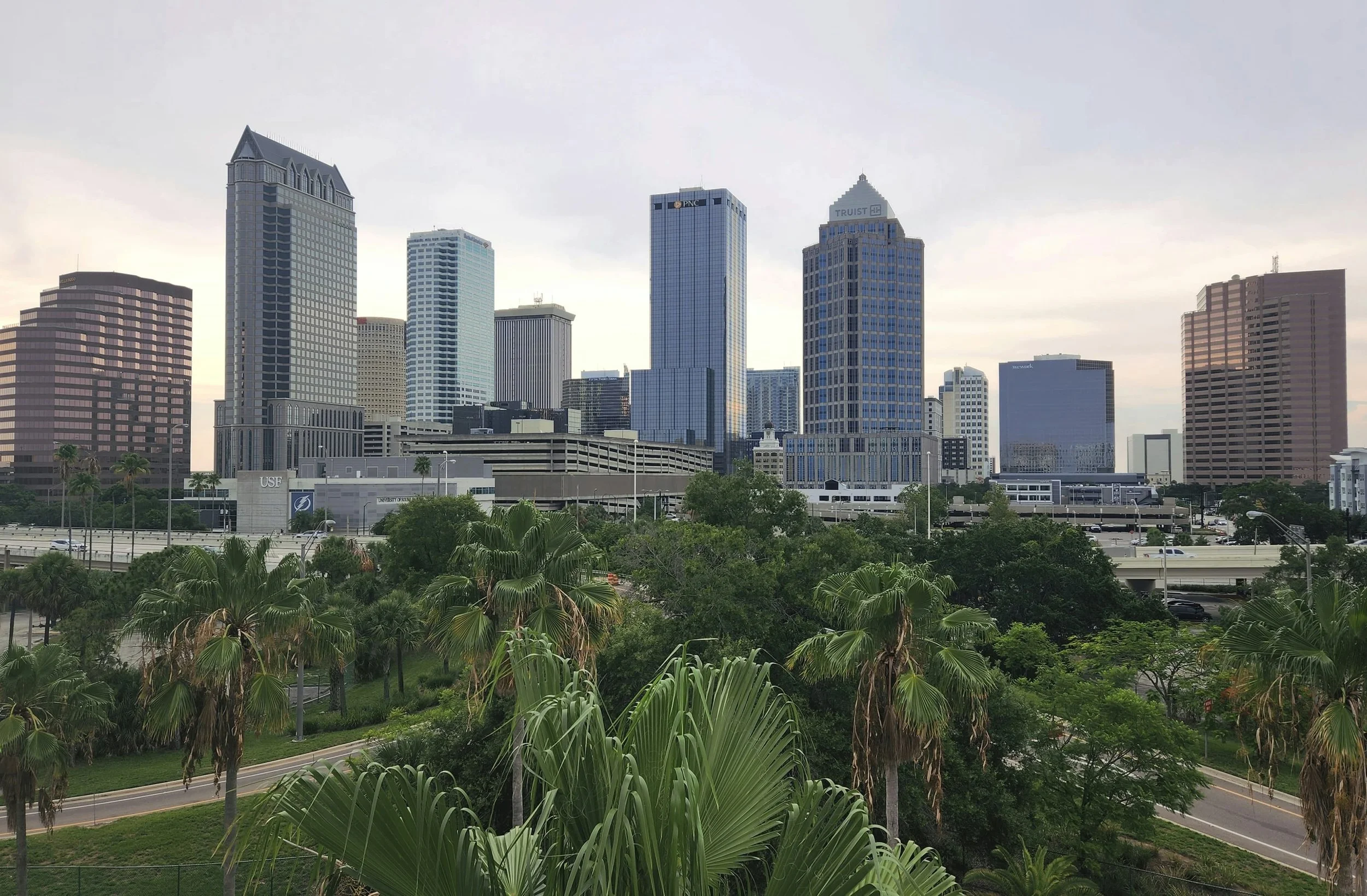 buildings with lots of green foliage and park below