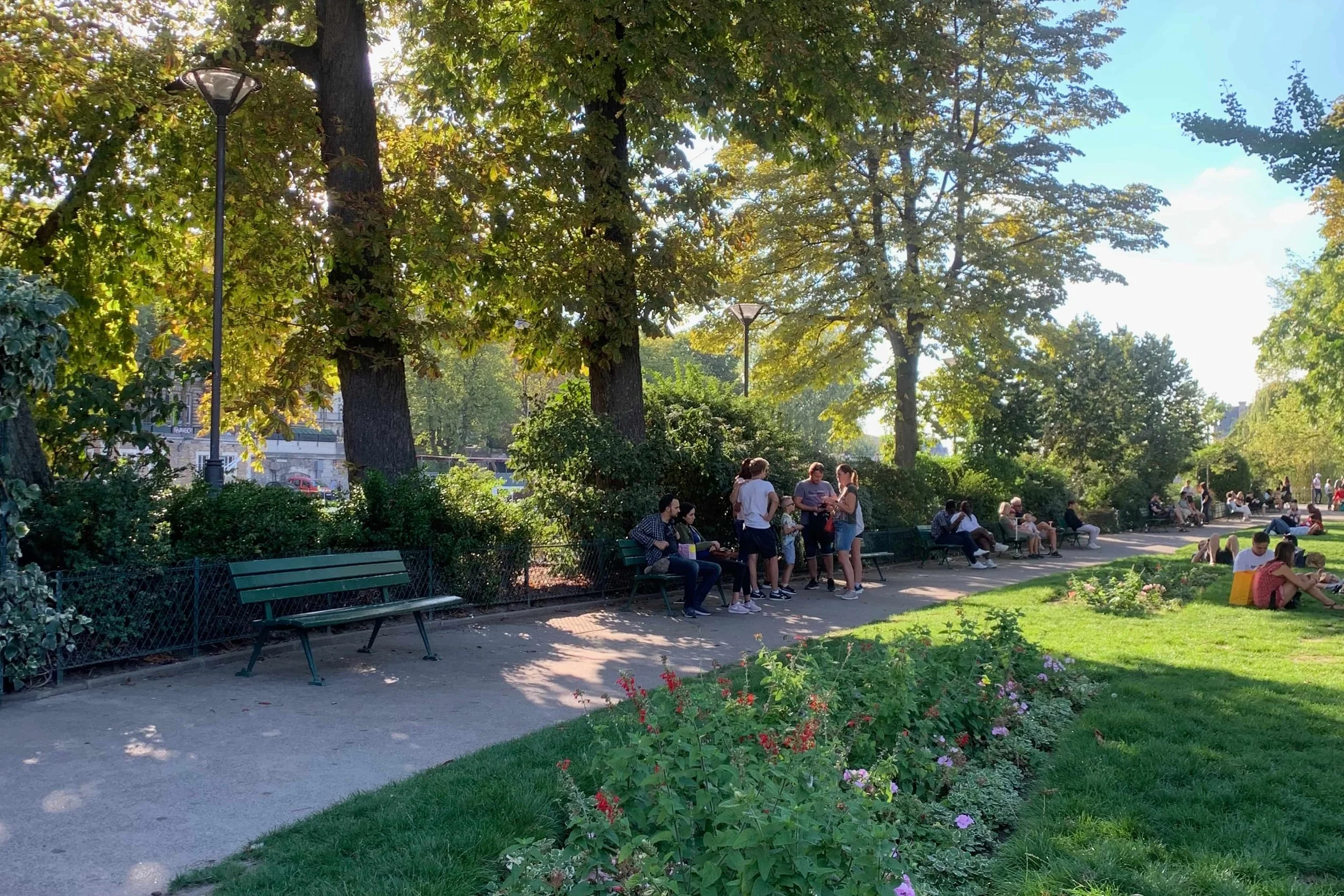 quiet park with flowers and benches