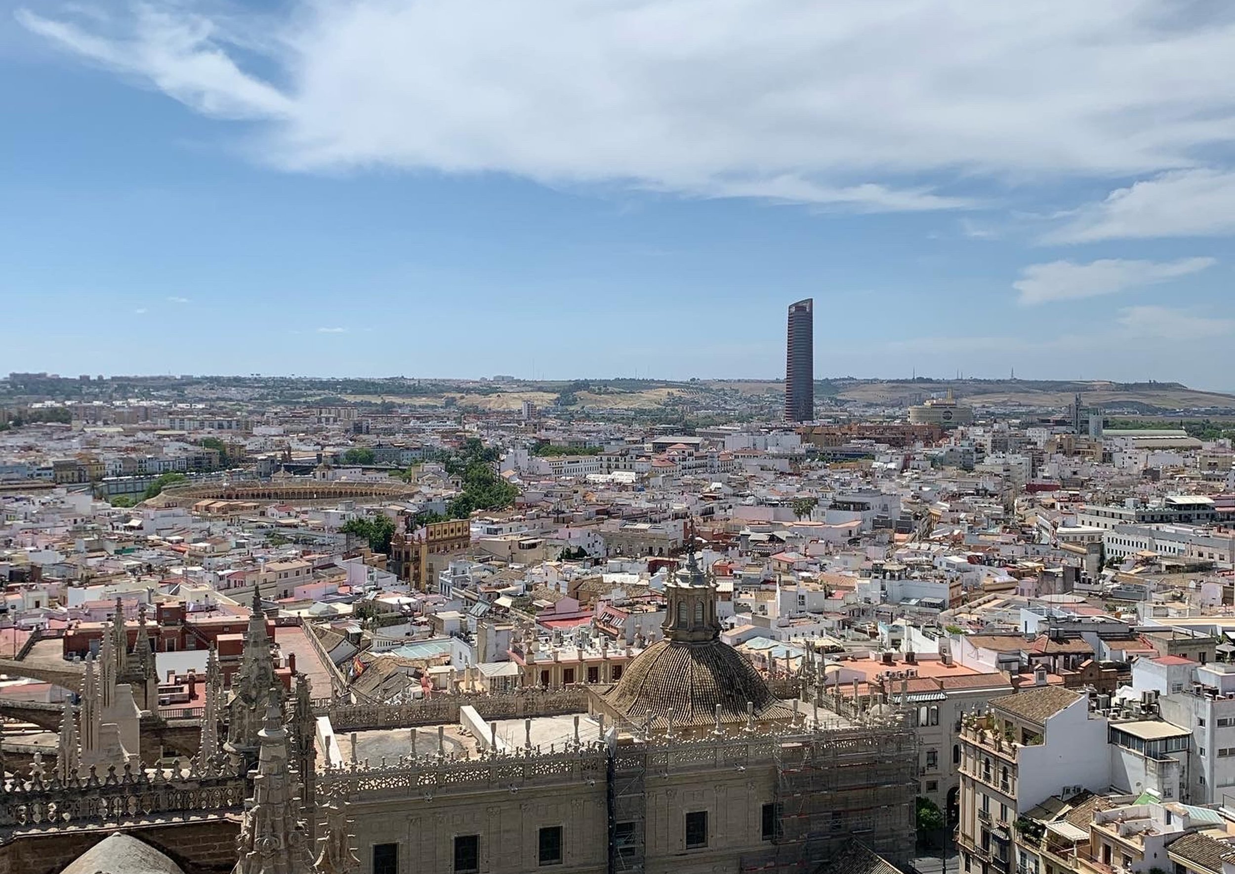 view of seville tall skyscraper and older buildings