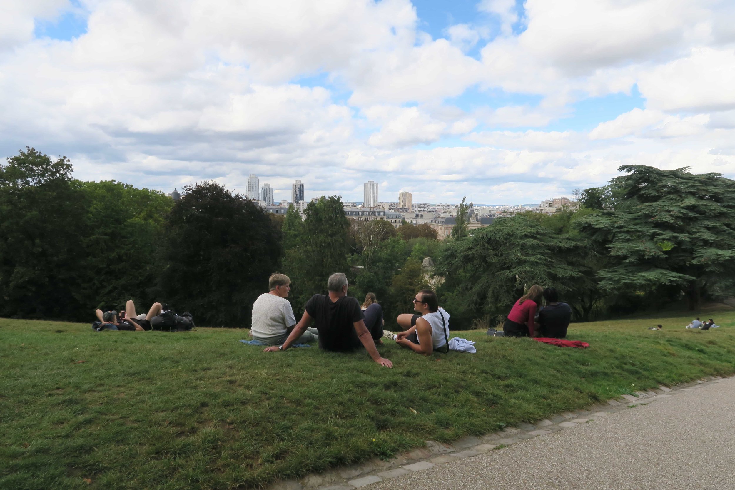 people talking on the grass with city building view in distance