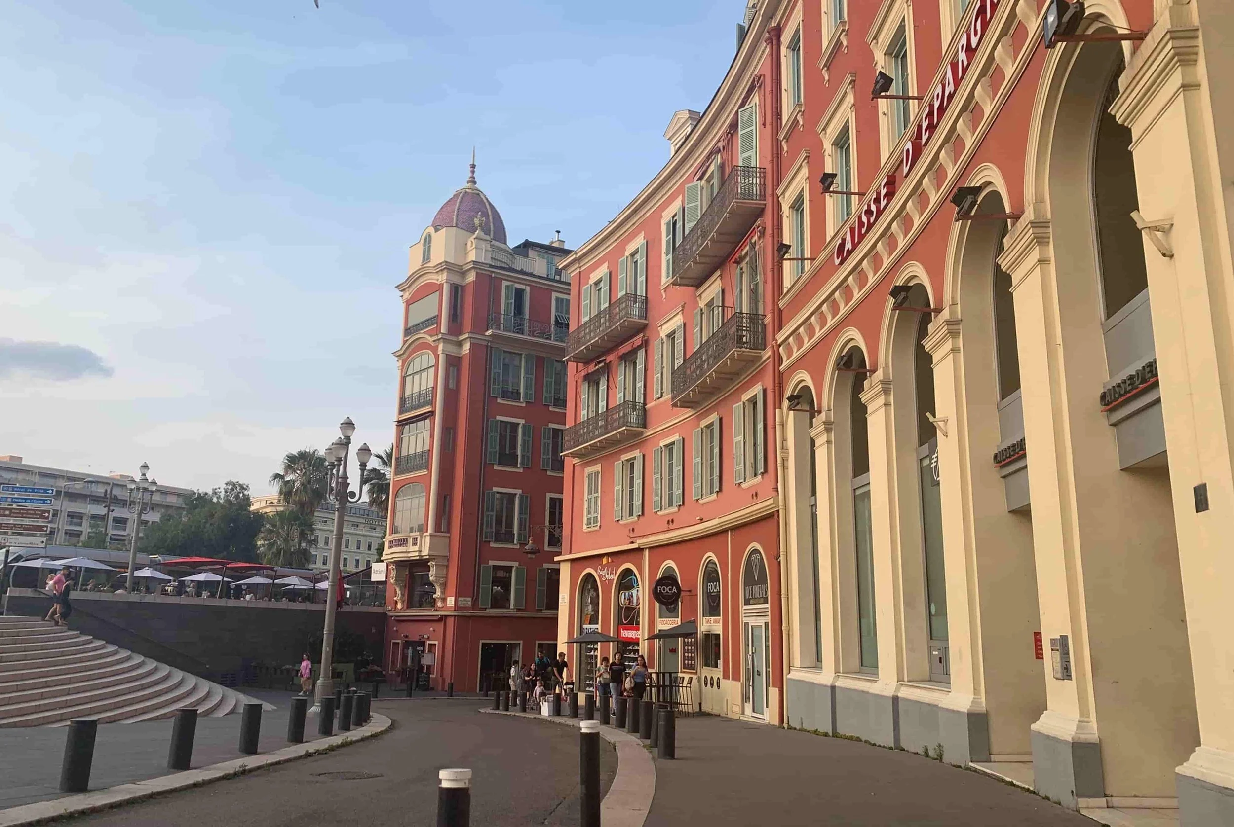 red buildings in a circle plaza