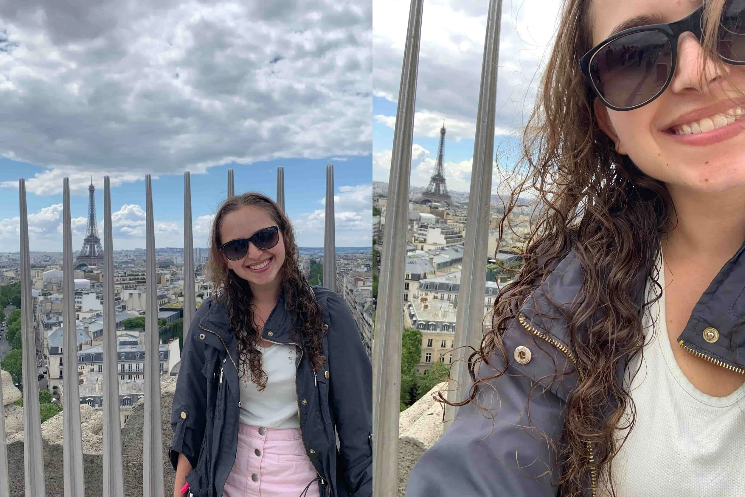 selfies from the top of the arc de triomphe eiffel tower in background