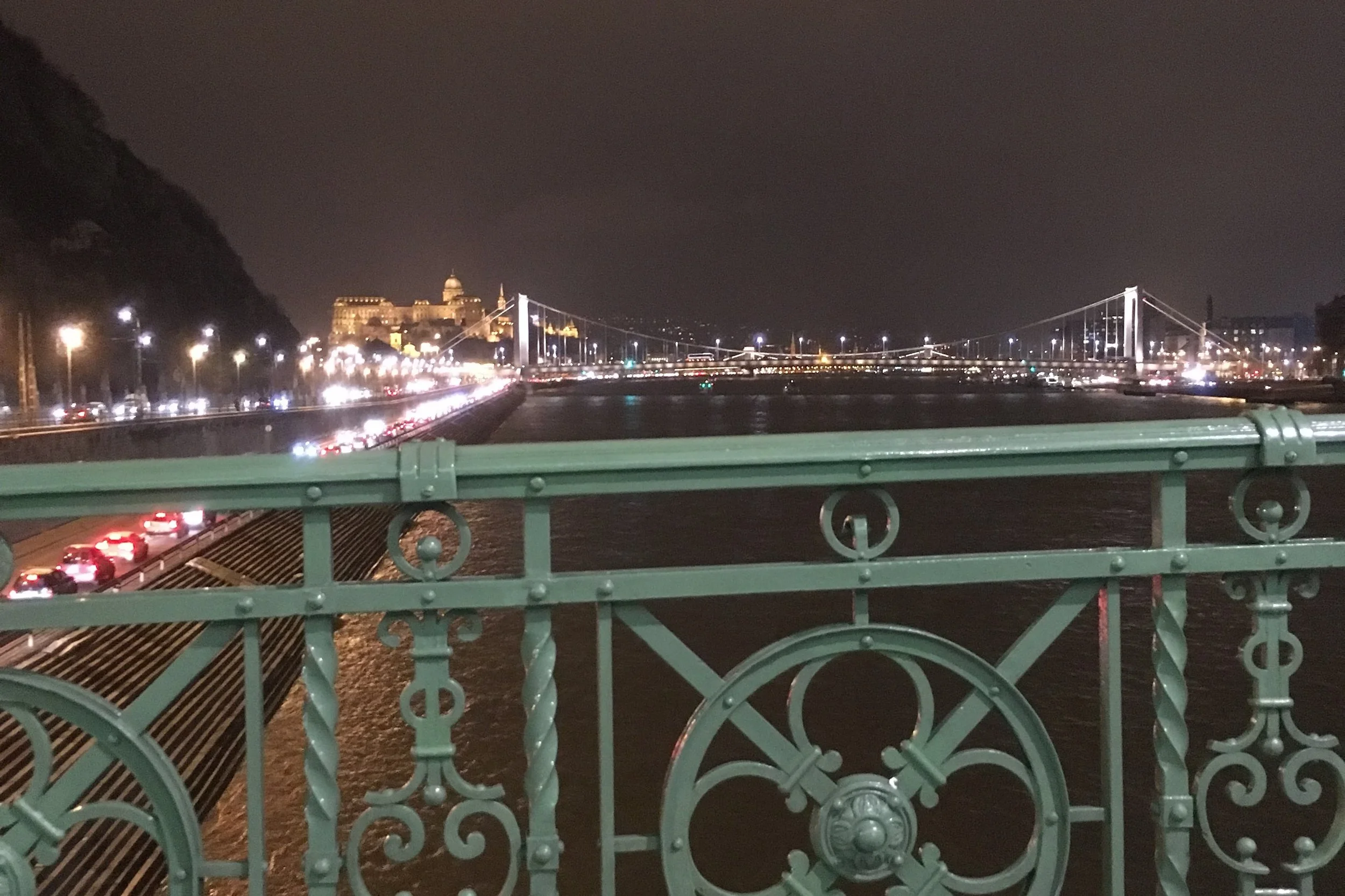 green bridge budapest at night.