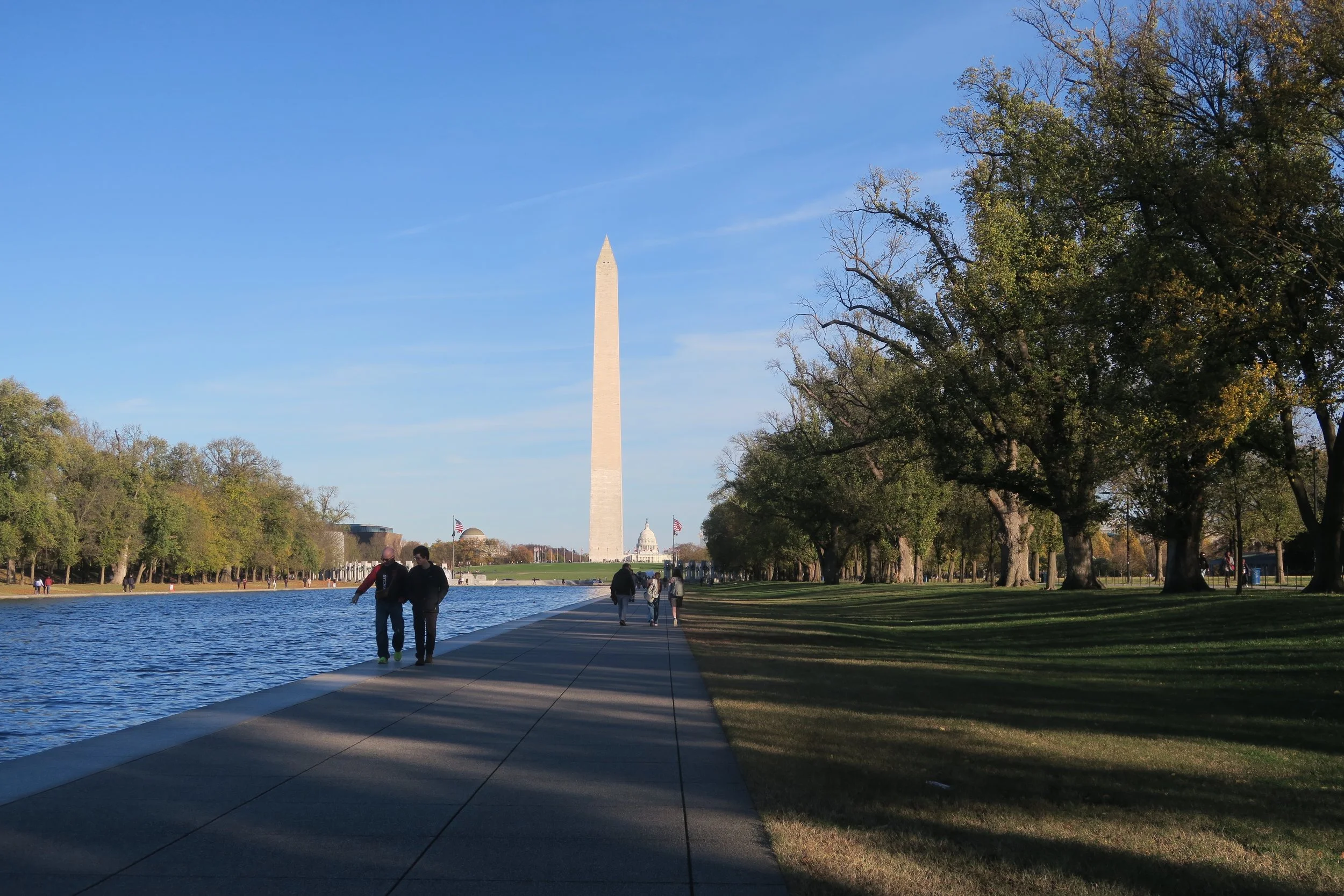 nationa mall sunny day with capitol building in the far back and us flags