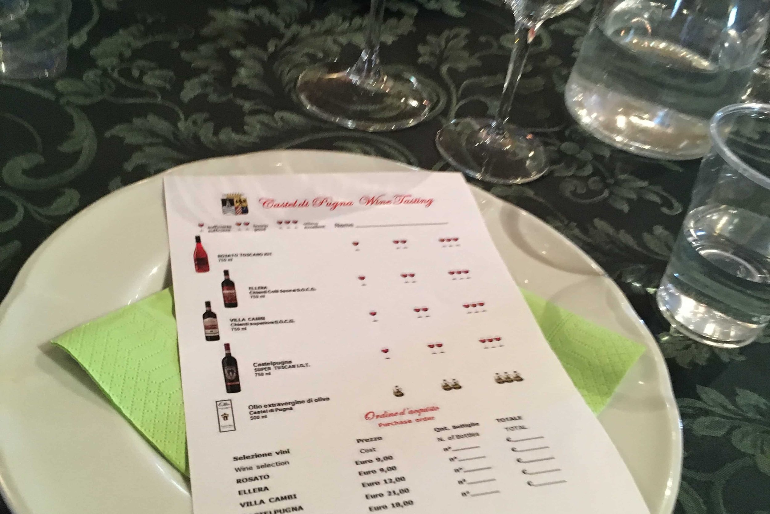 wine menu in italin on white plate and lime green napkin