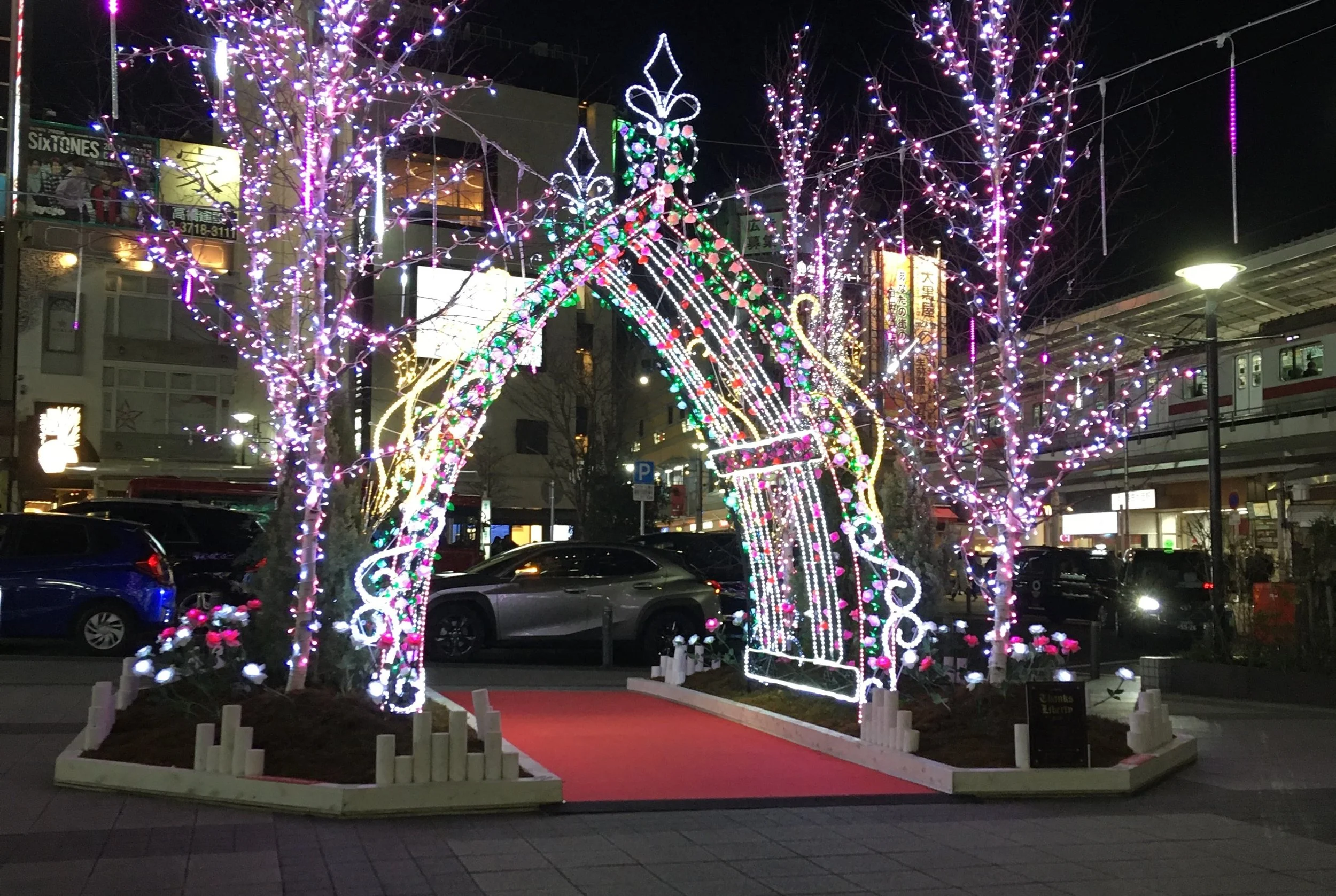 pink purlpe and golden lights in tokyo