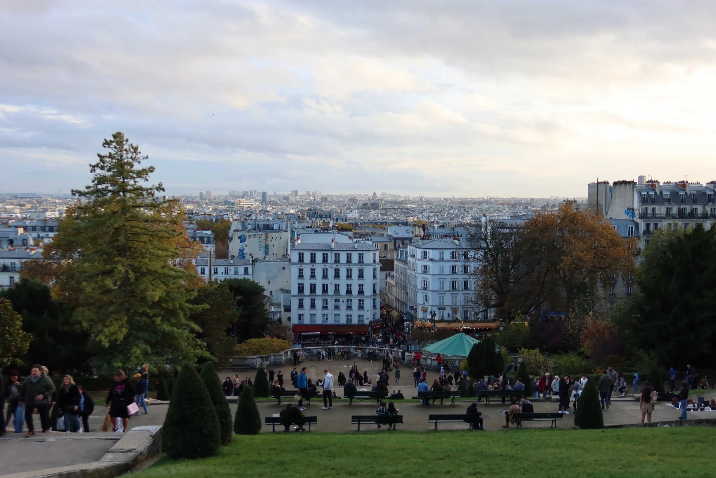 view of paris and green grass busy people