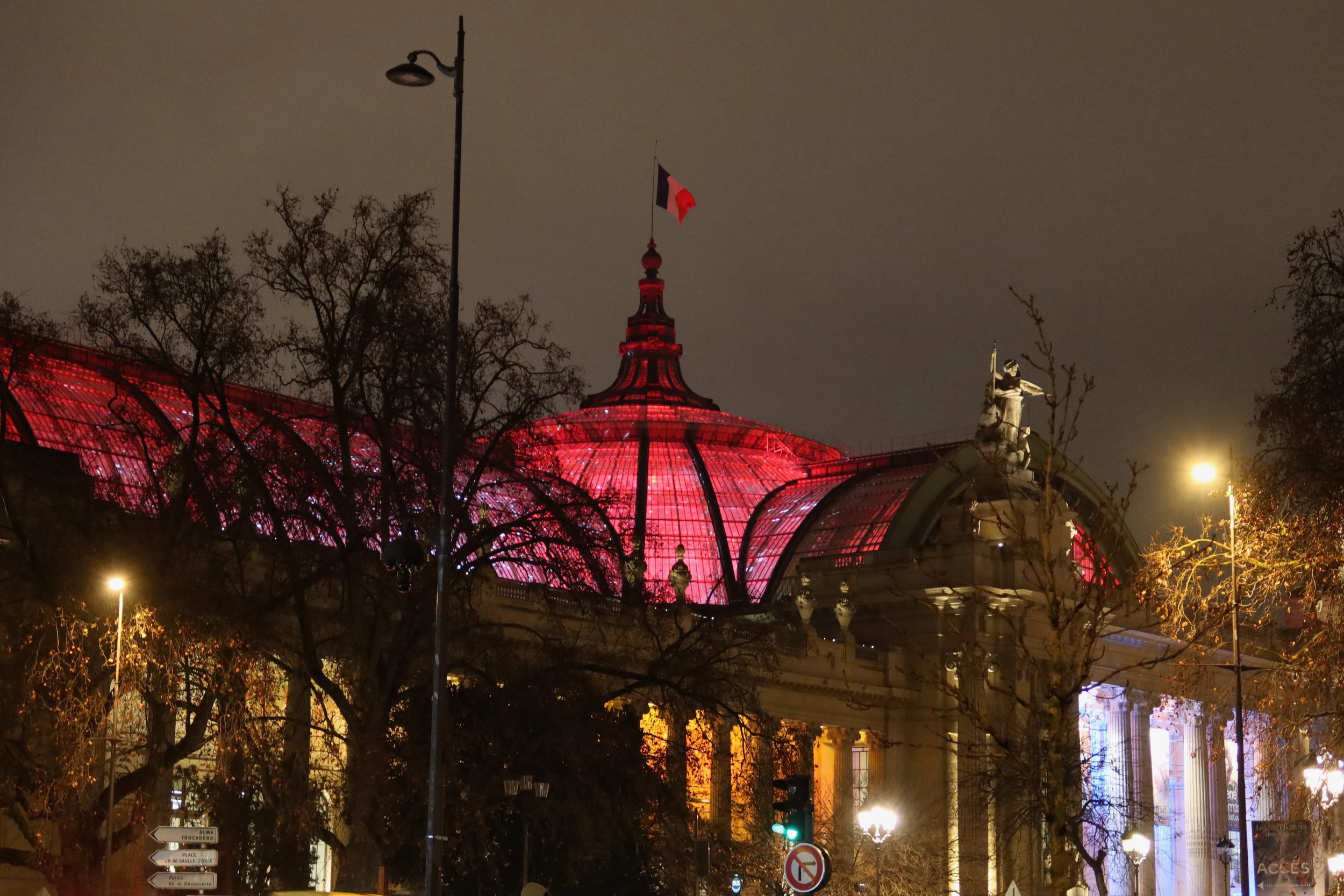 Outside Grand Palais to see the changing colors and disco lights; December 2025