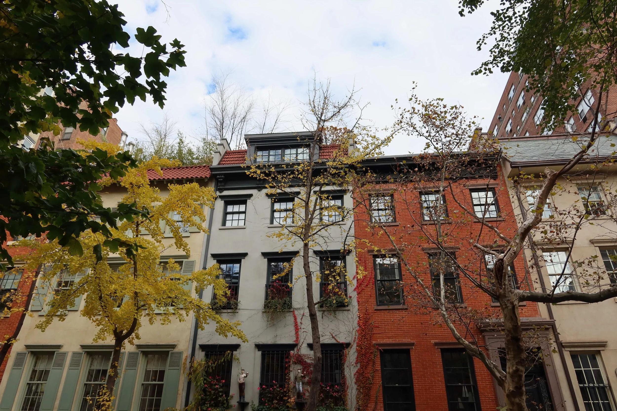 cute buildings fall nyc with yellow leaves falling