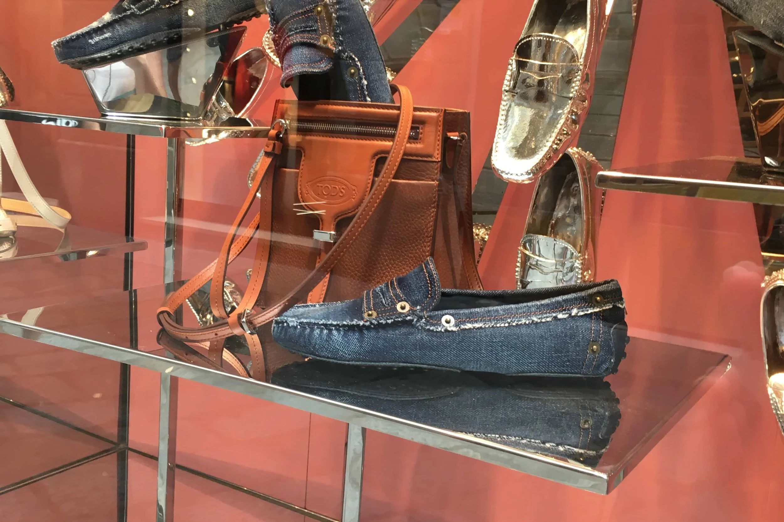 denim flats red orange background