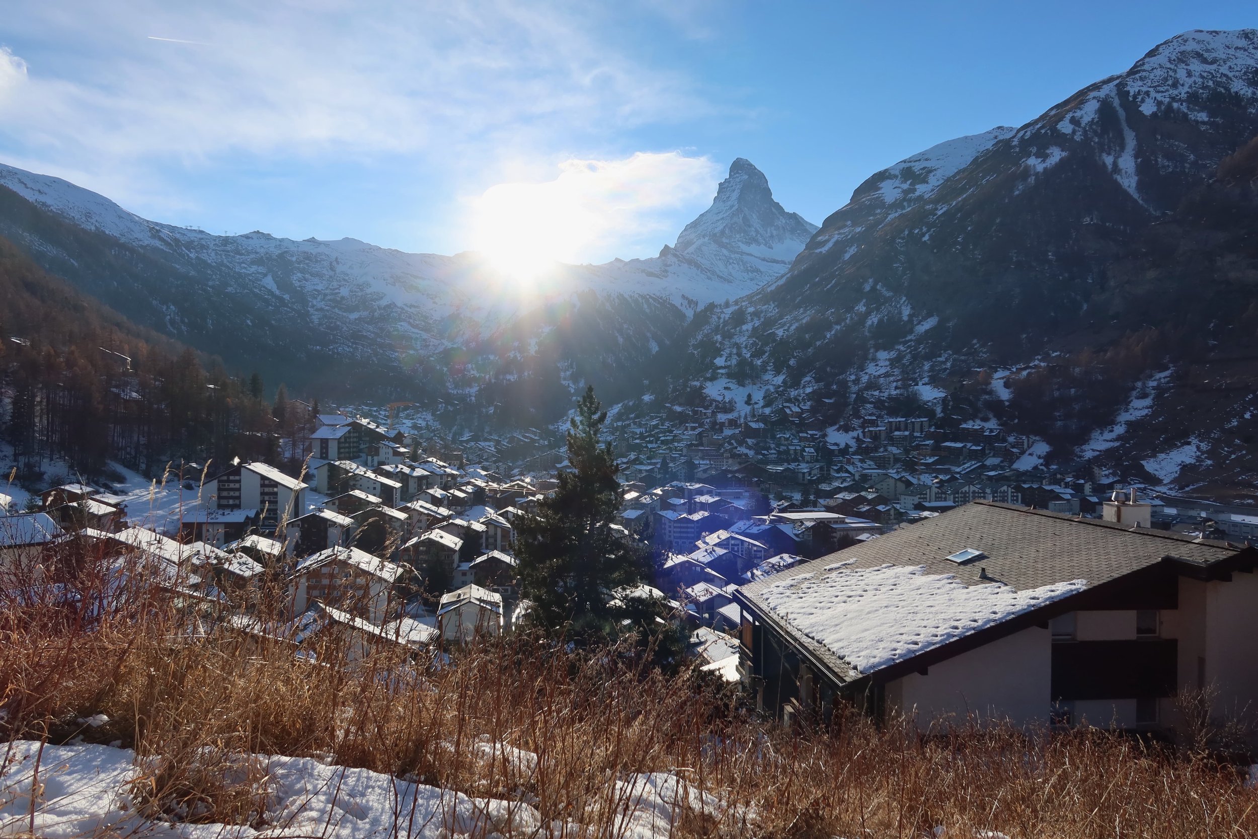 sunny view of Zermatt from Mürini 28 Viewpoint