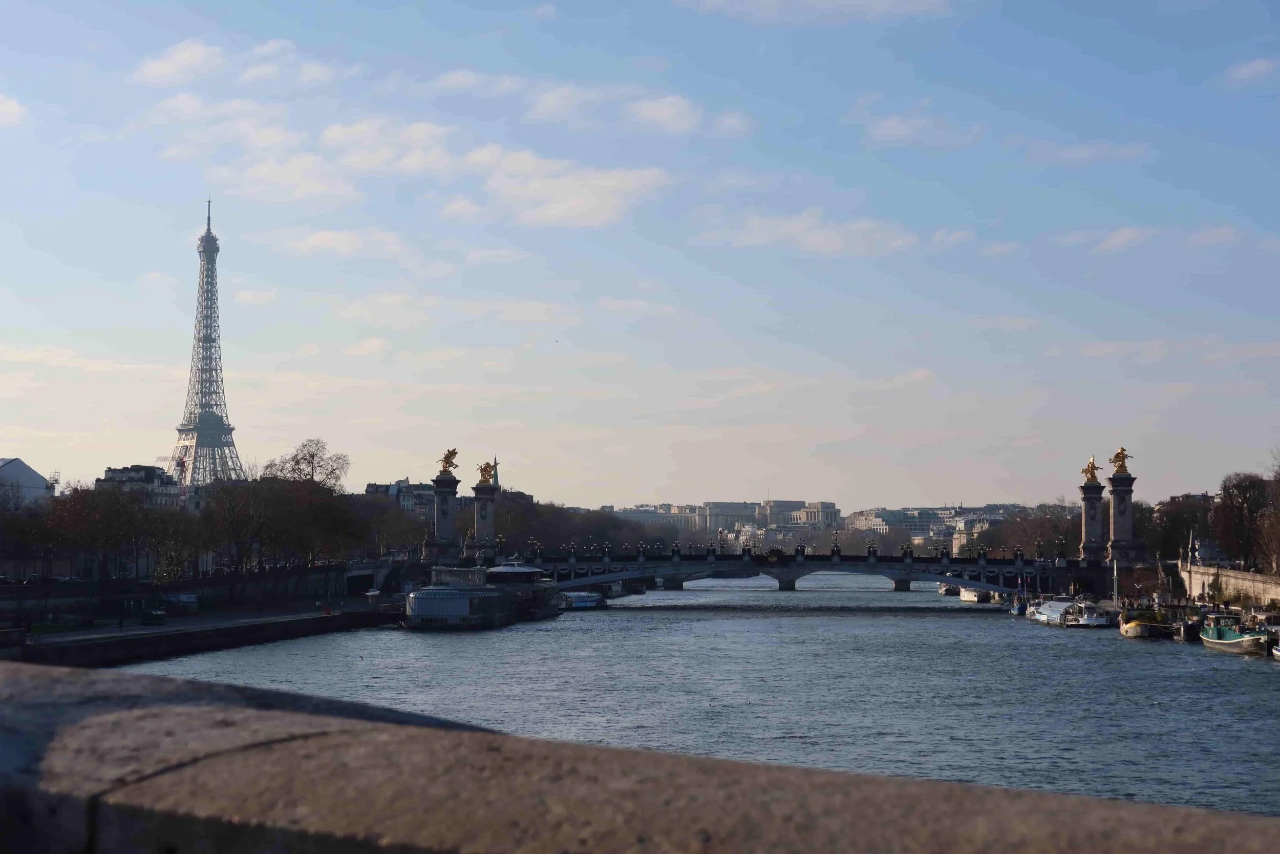 eiffel tower silver with gold bridge over the seine river