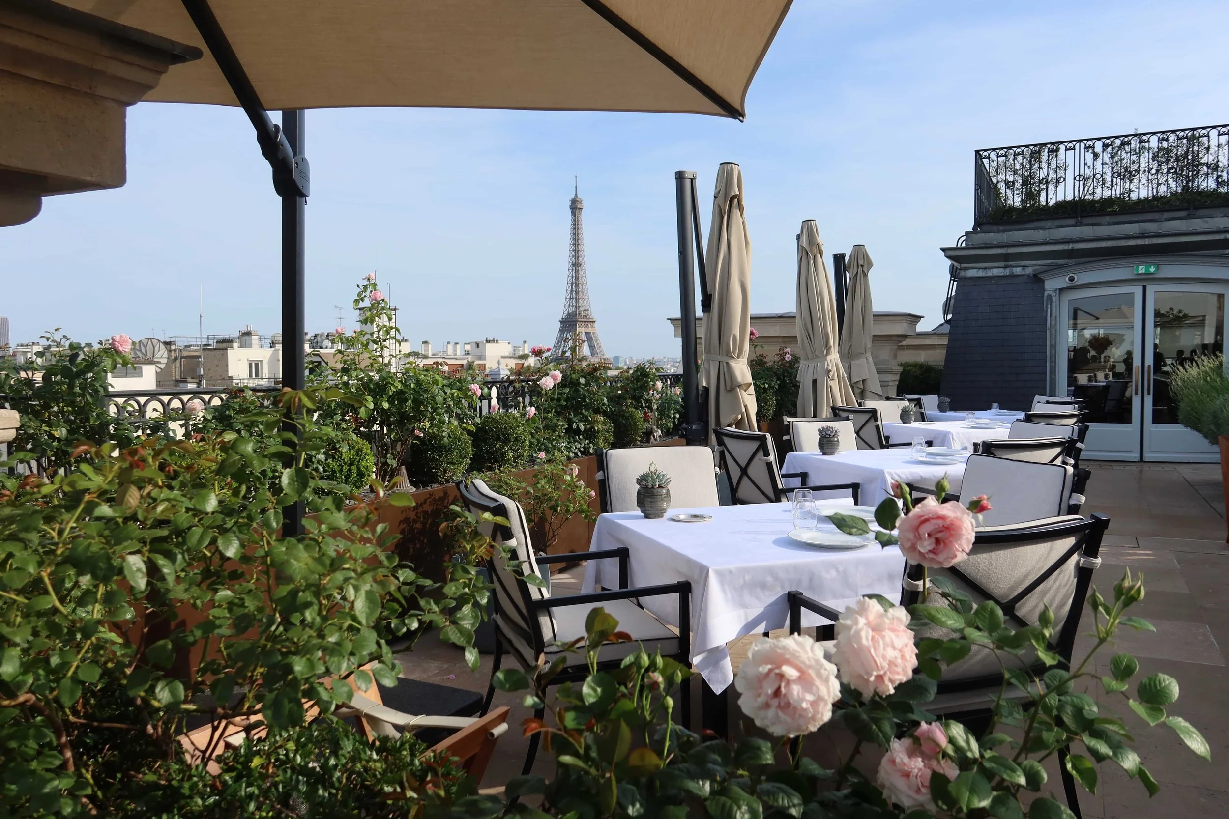 eiffel tower view with summery white dining table in garden with light pink flowers