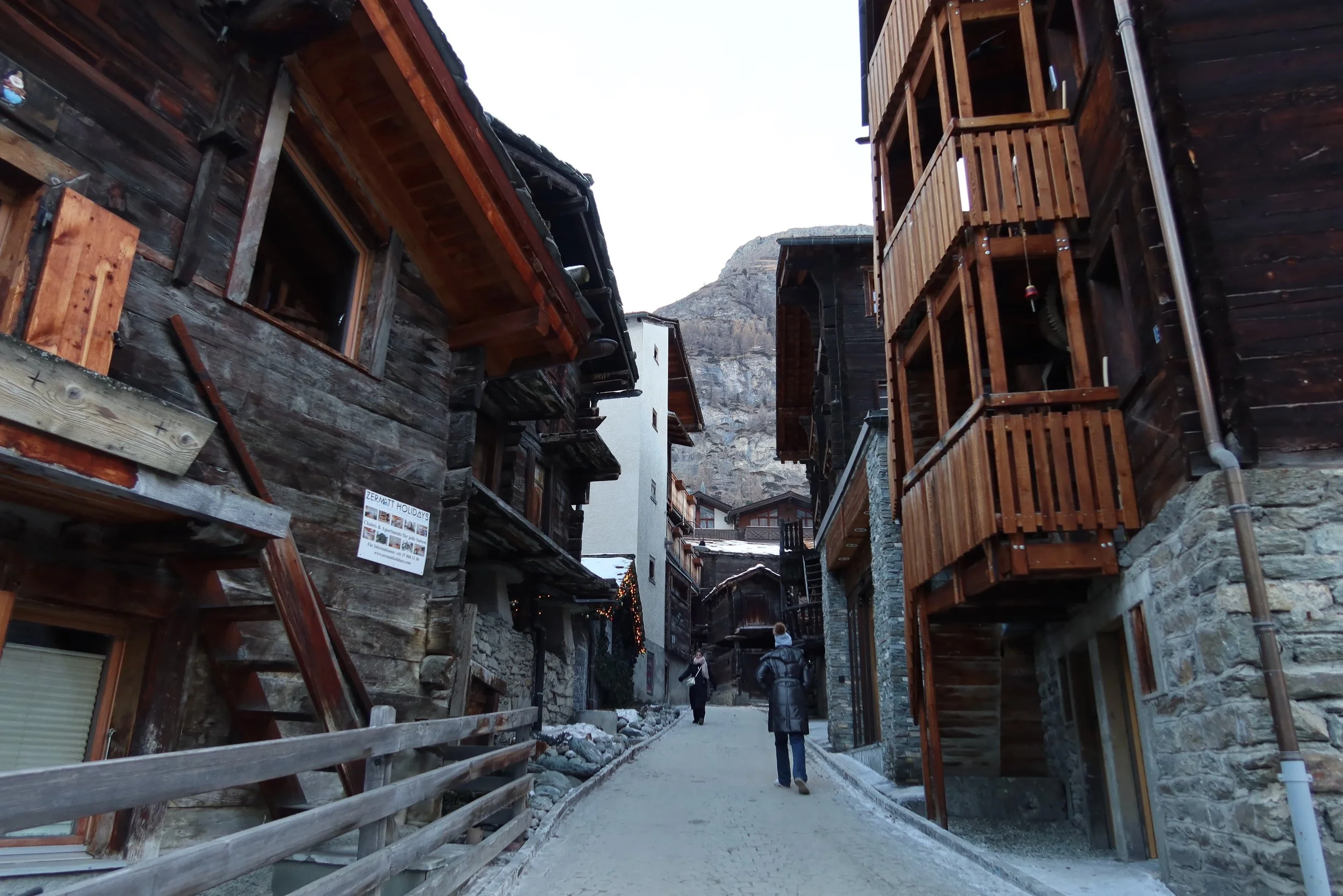 old wooden buildings in Hinterdorfstrasse in Zermatt