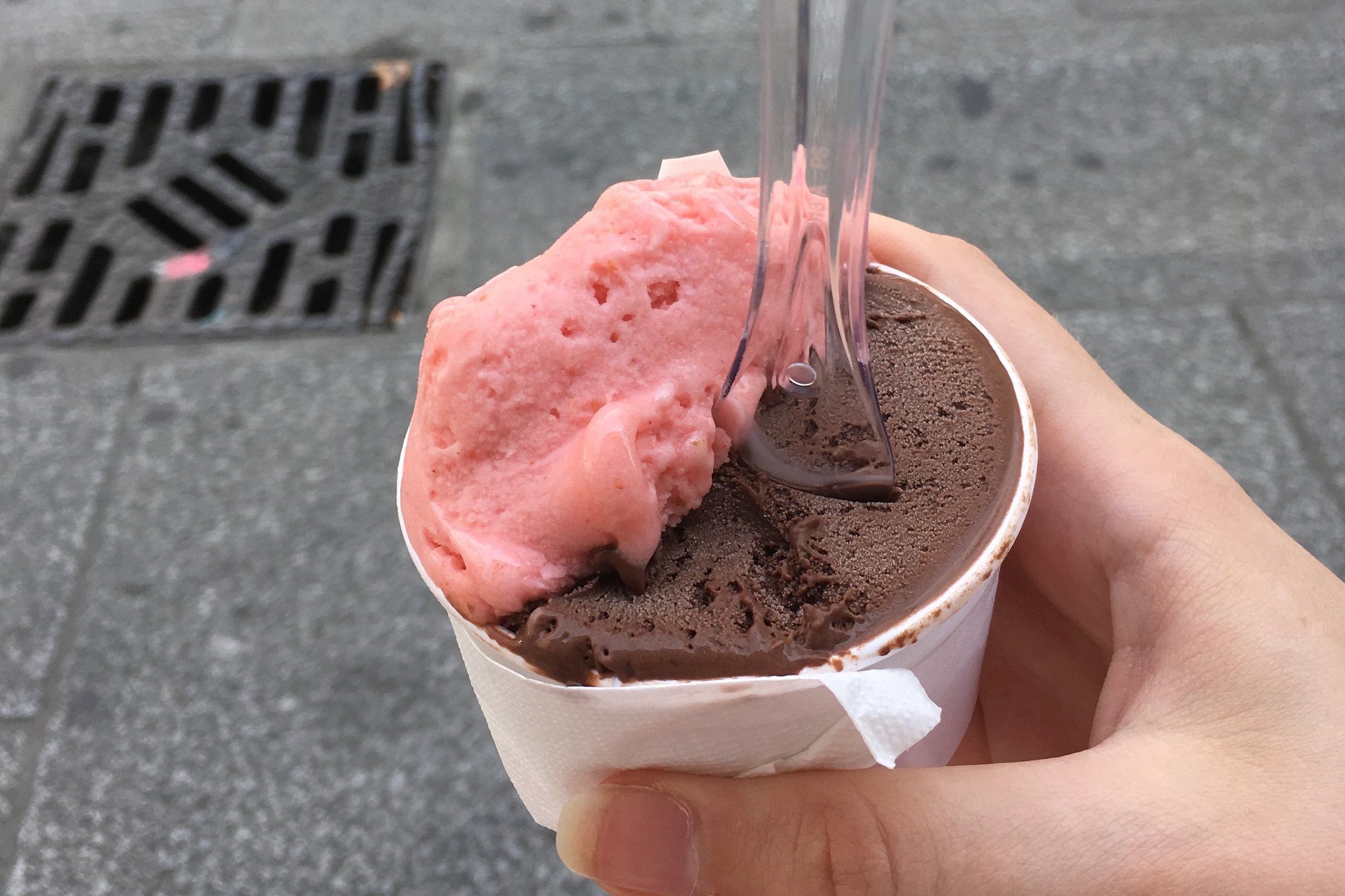 strawberry and chocolate gelato in a cup