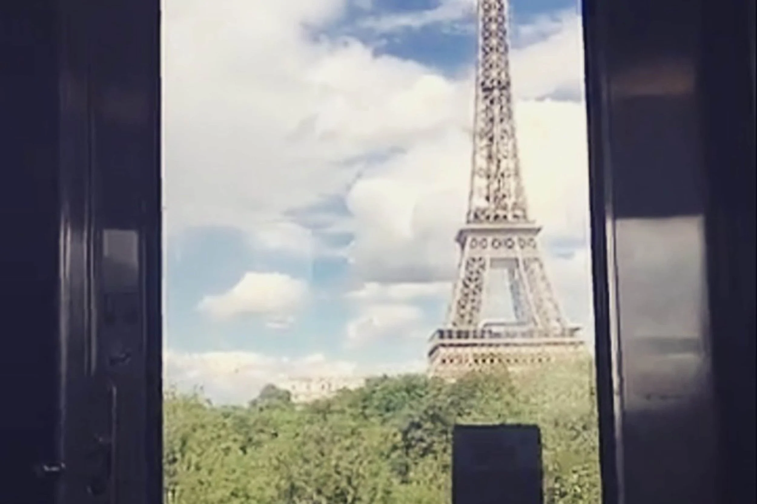 eiffel tower view from train green trees