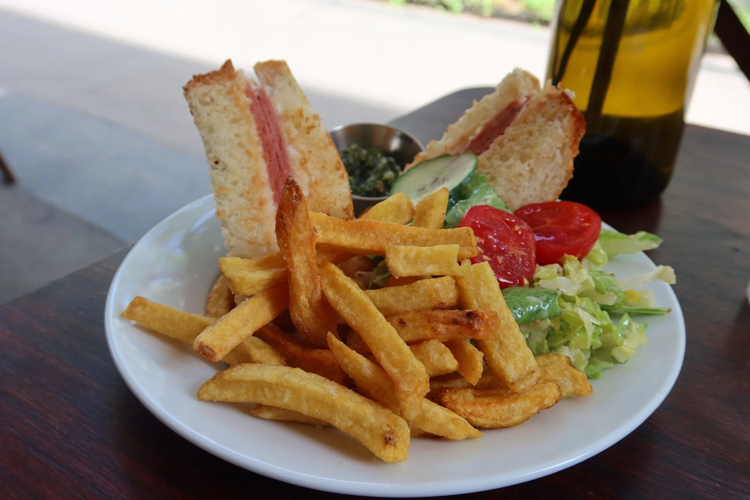 vegan paris croque monsieur with fries and salad