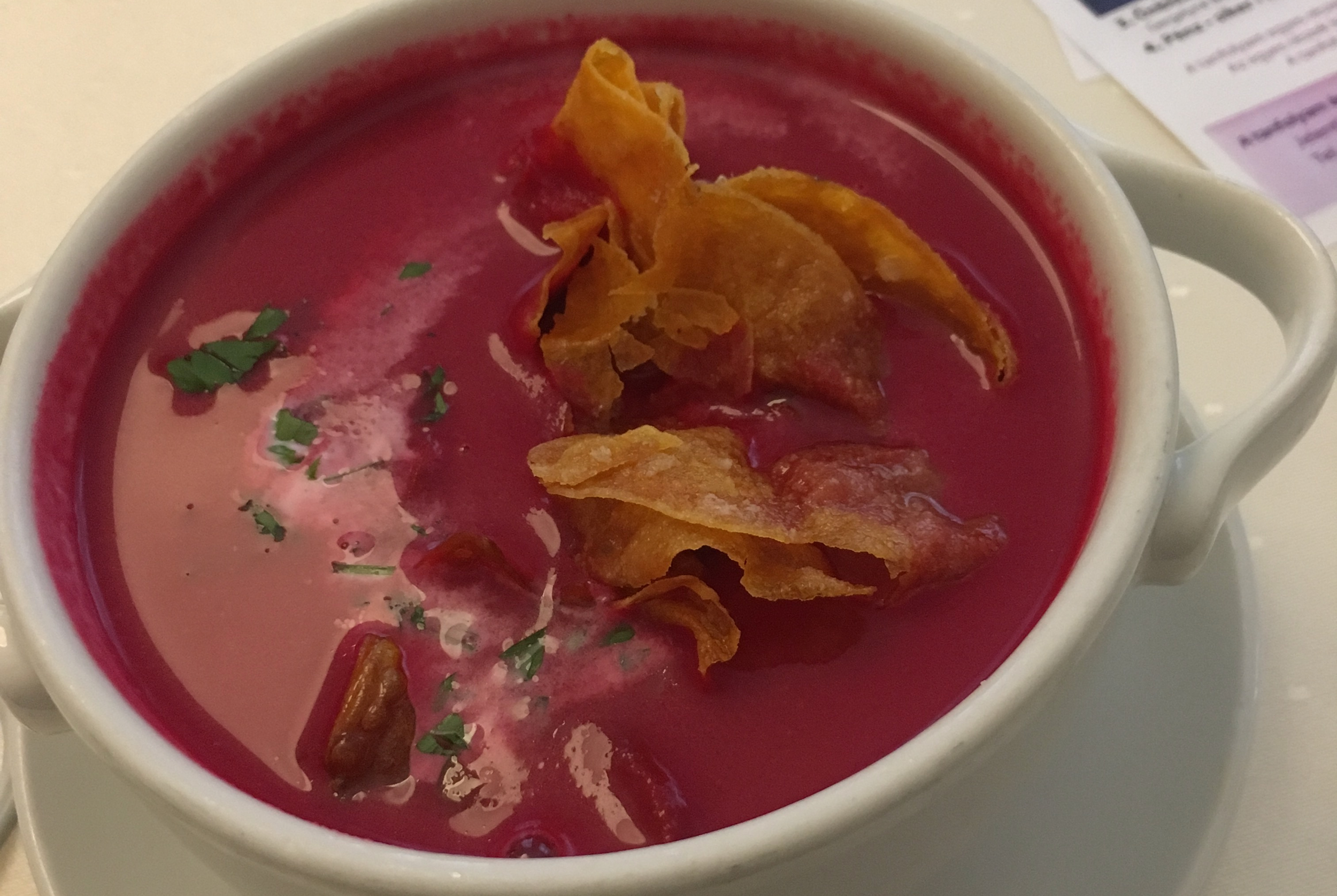 beet soup with crisp chips on top