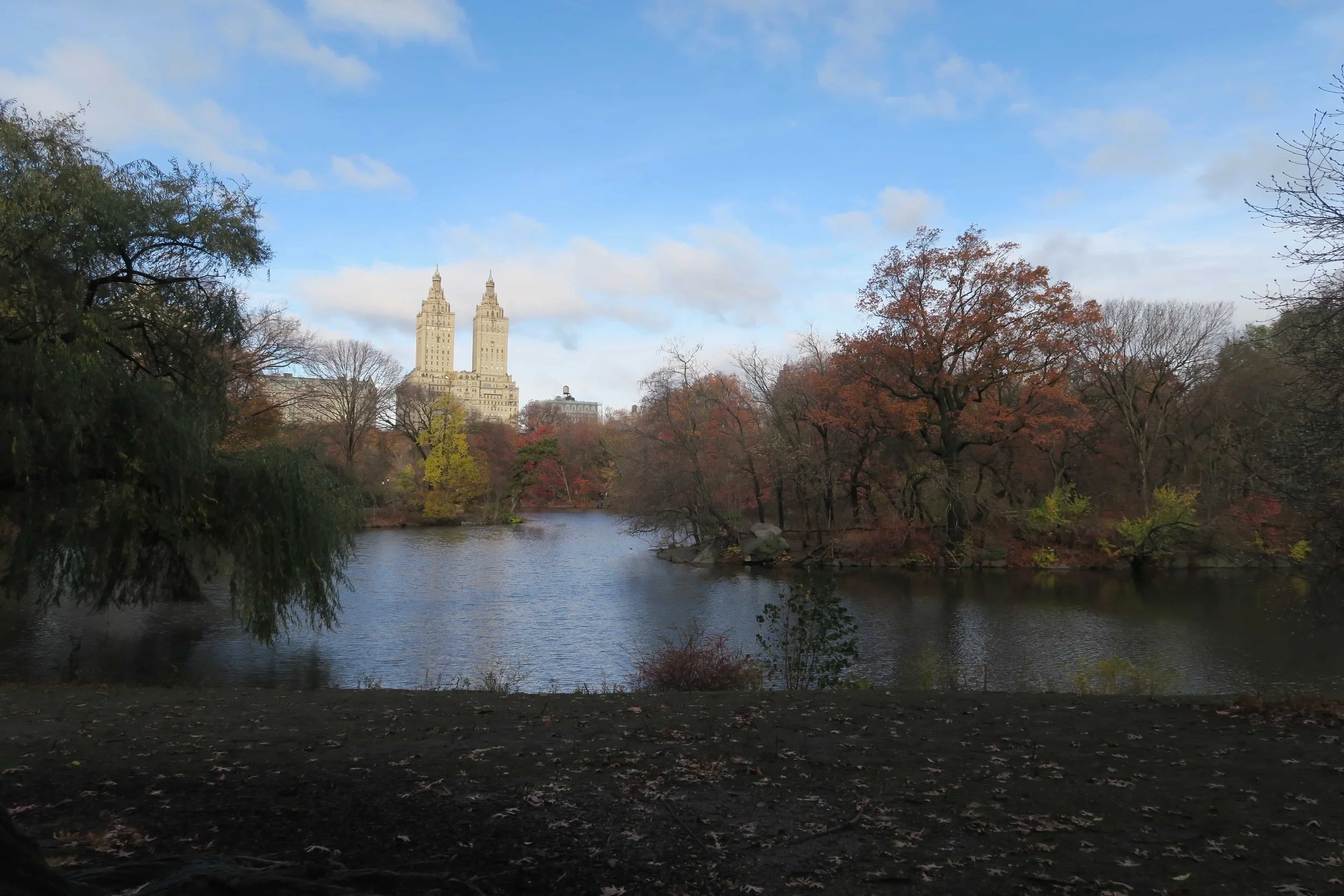 central park late november fall with tower building and lake
