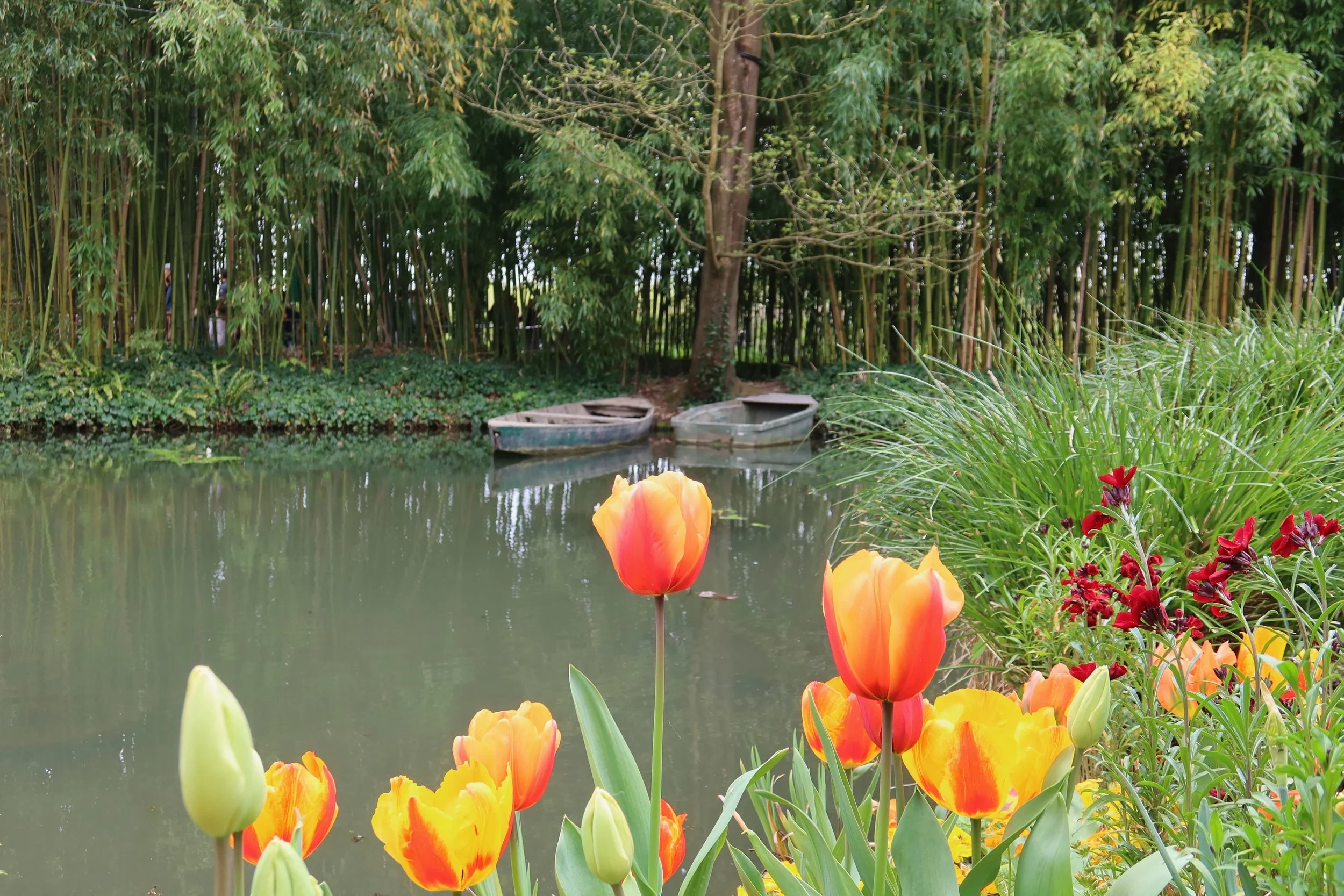 View of boats and flowers in Giverny, France