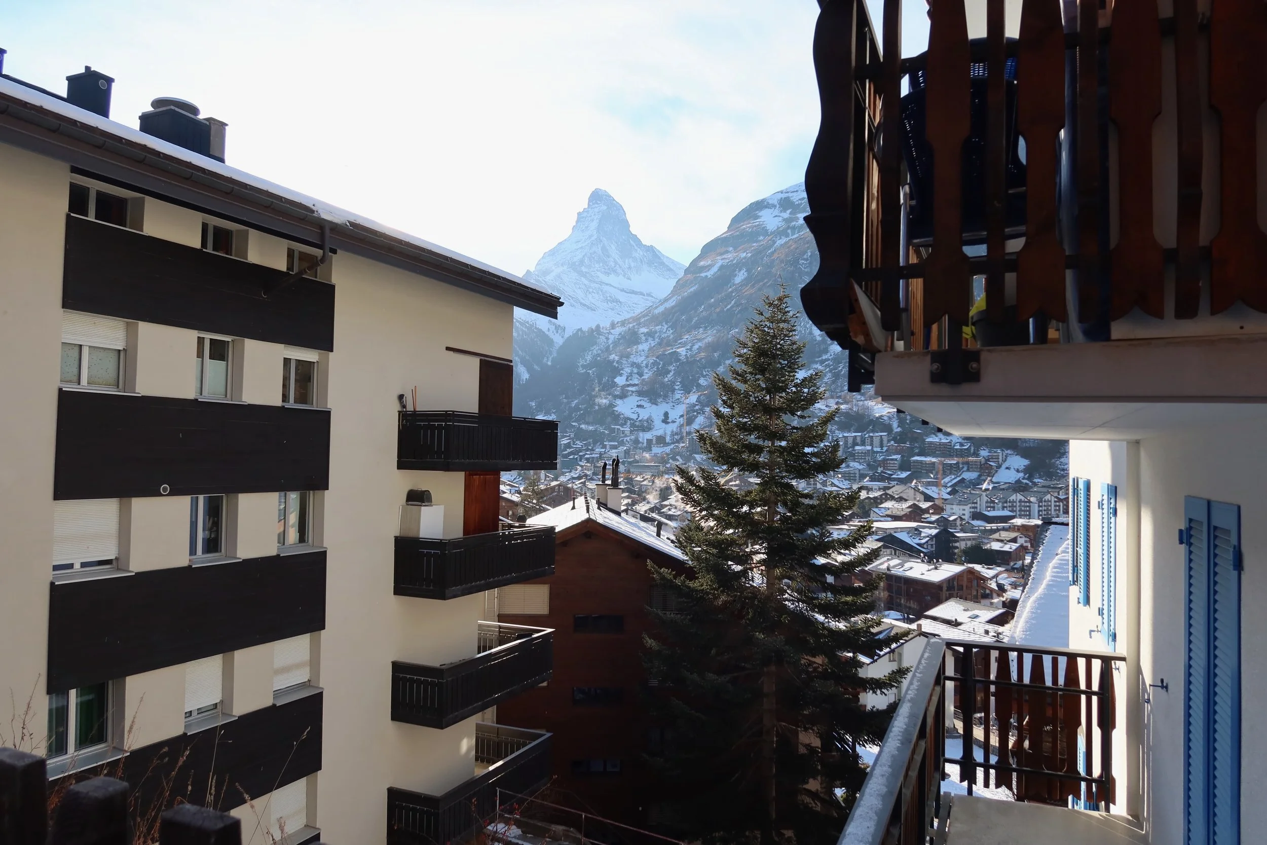 View of the Matterhorn from apartments in Zermatt;